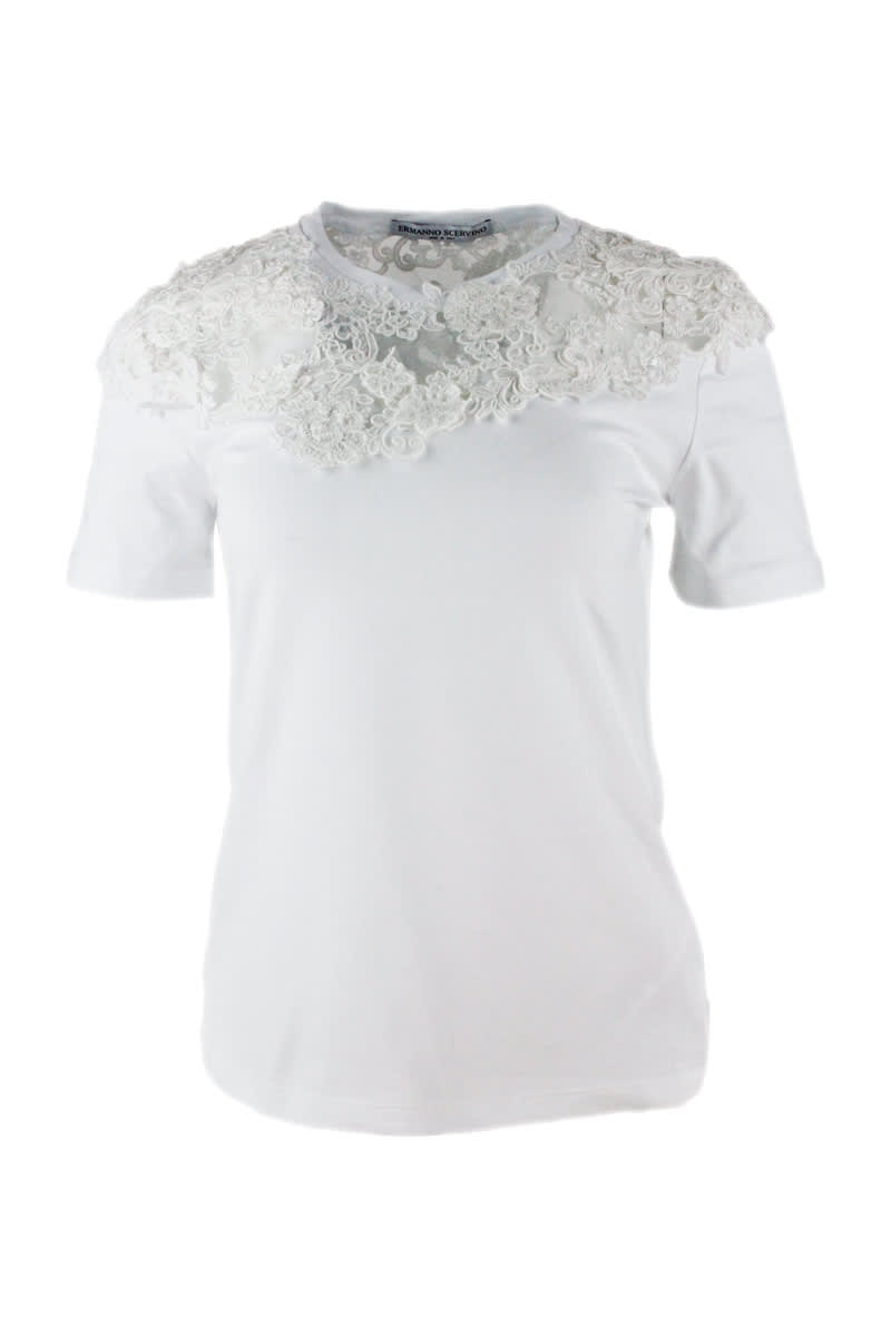 Ermanno Scervino Short Sleeve Crew Neck T-shirt With Lace Inserts