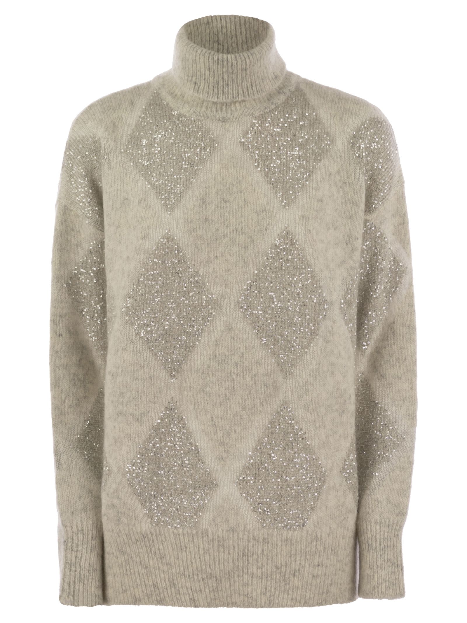 Brunello Cucinelli Dazzling Argyle Wool And Mohair Sweater In Pearl