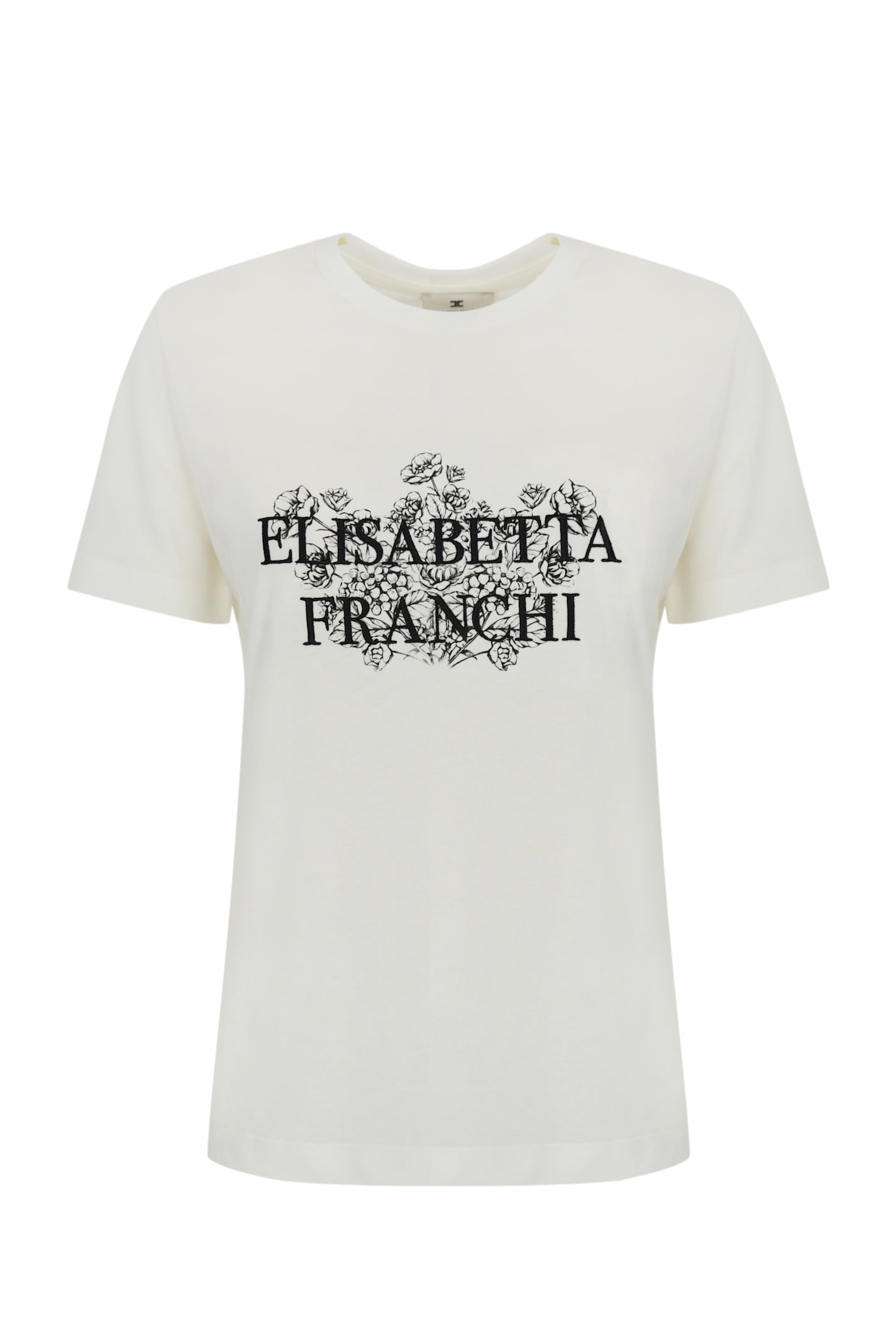 Elisabetta Franchi Jersey T-shirt With Logo Print And Embroidery In Gesso