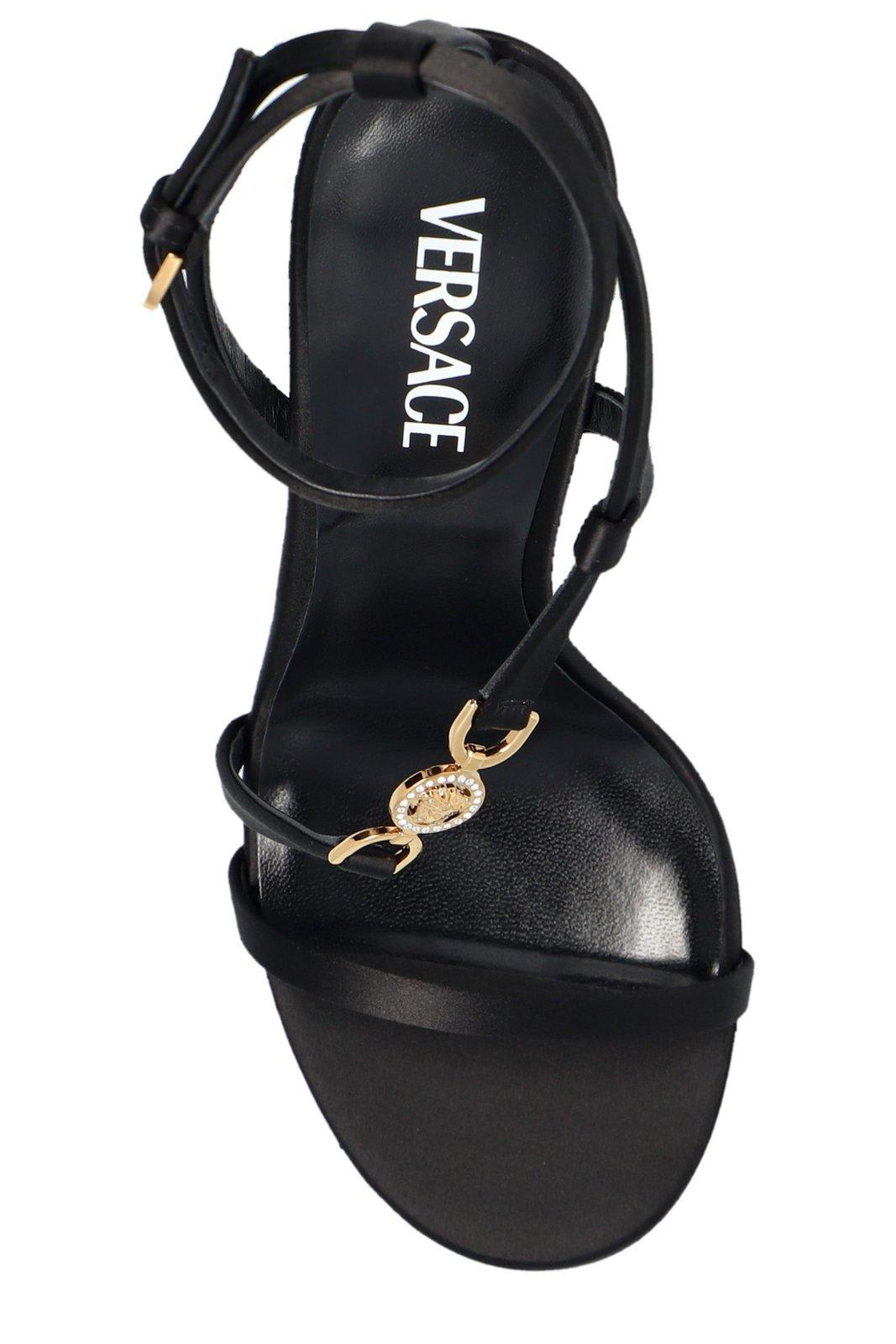 Shop Versace Medusa Embellished Satin Sandals In Black