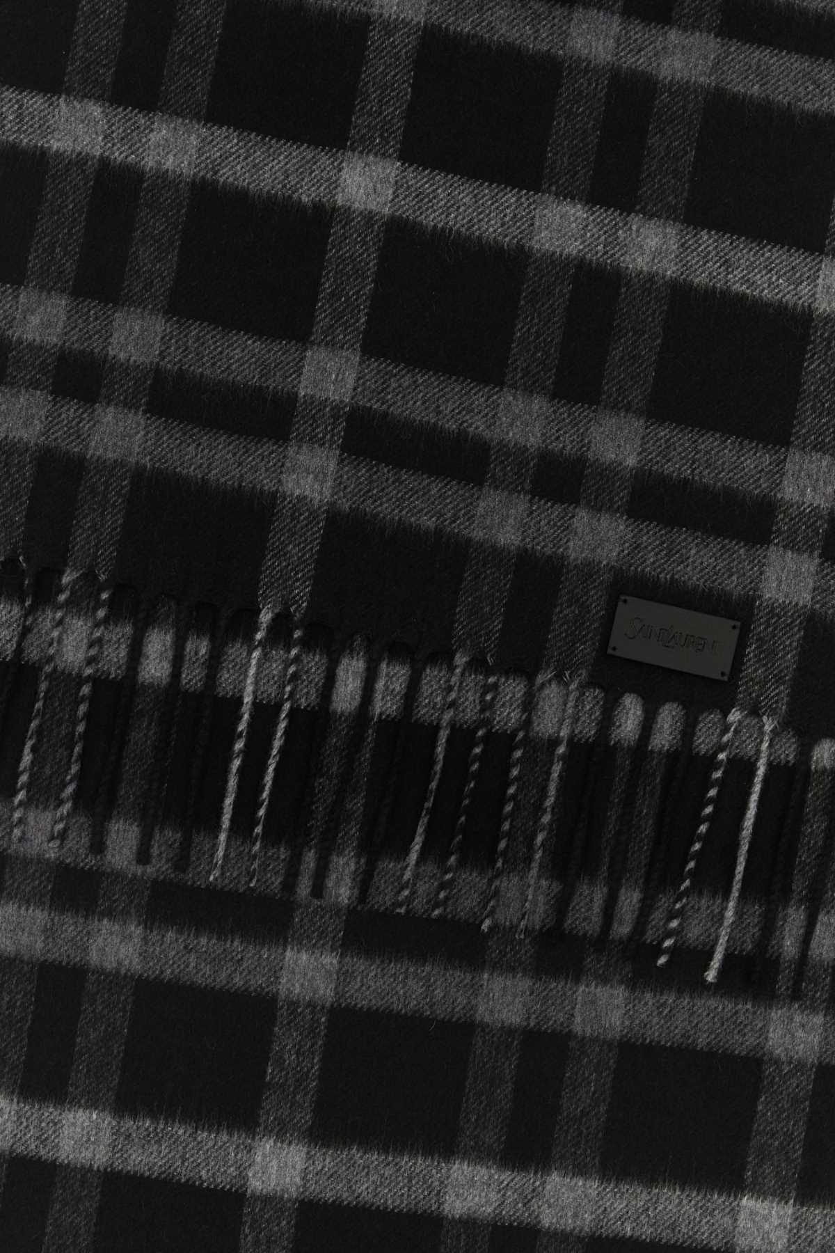Saint Laurent Checkered Silk Blend Scarf With Fringed Edges In Black