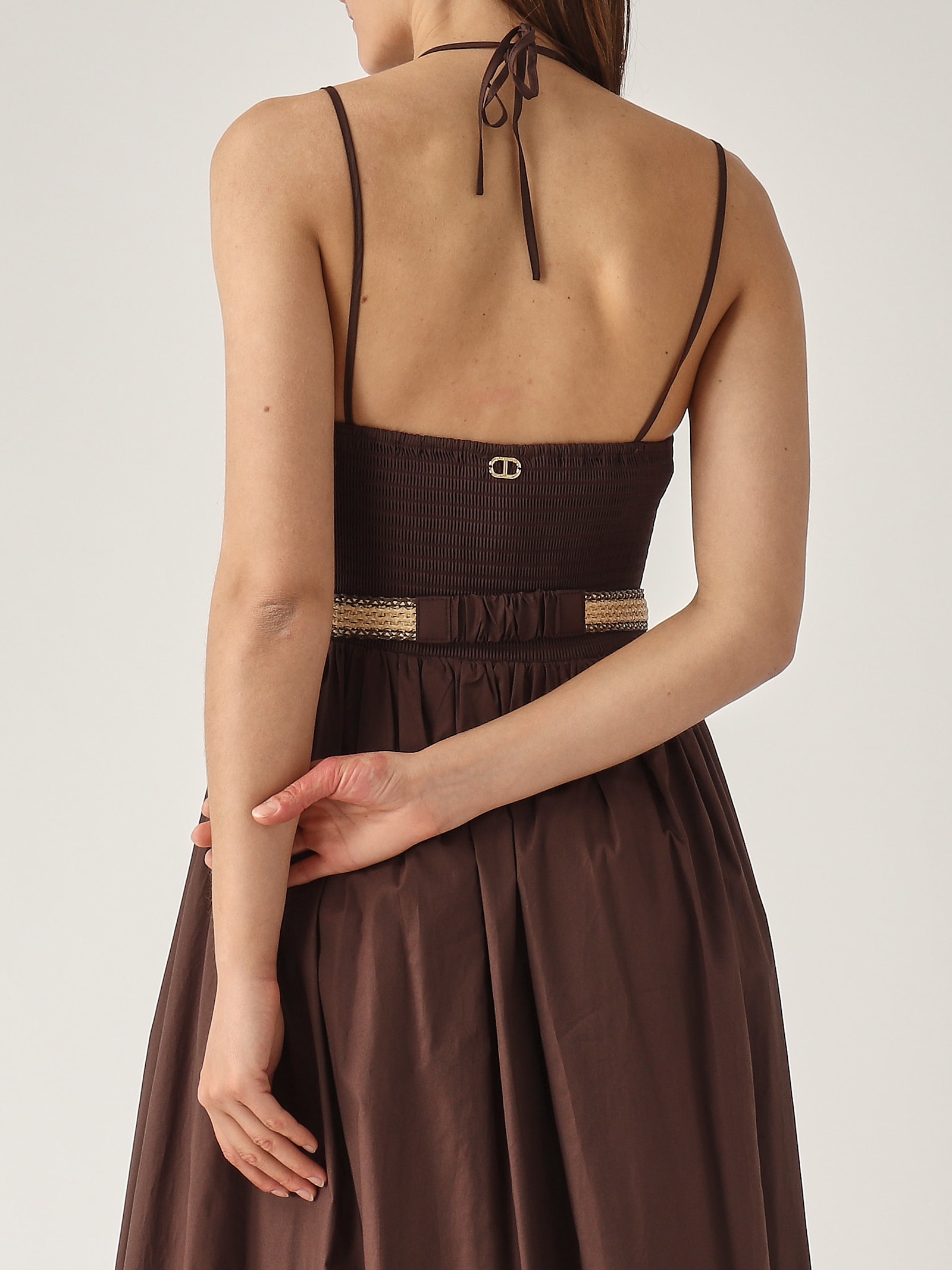 Twinset Coffee Brown Cotton Blended Long Dress With Belt Waist In Caffe