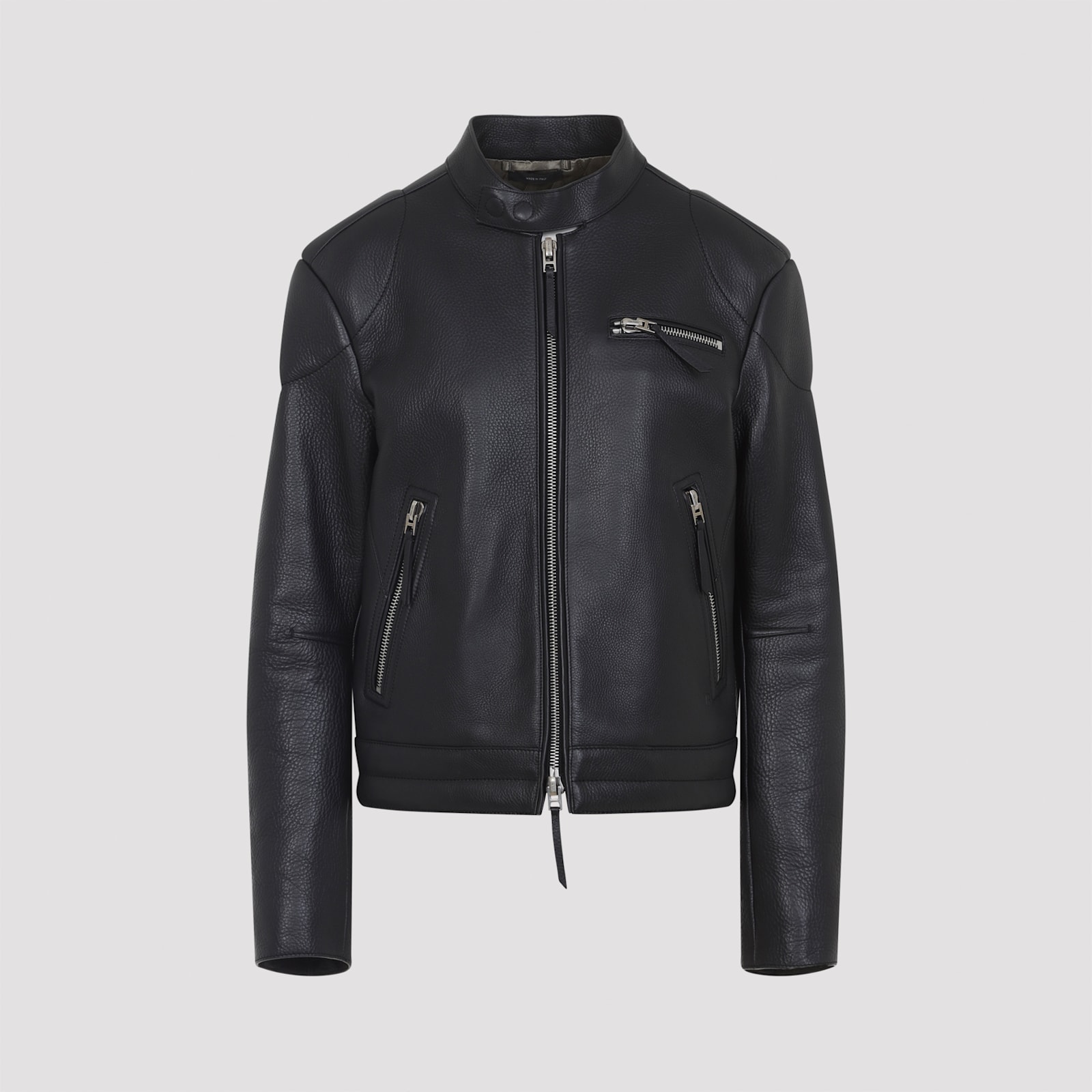 Tom Ford Fitted Black Leather Jacket With Stand Collar And Zippered Cuffs In Blue