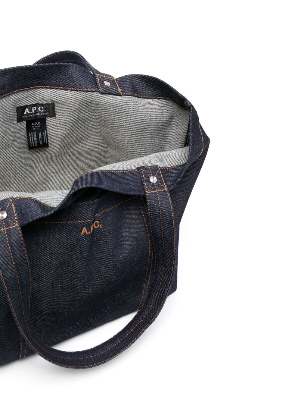 Shop Apc Thais Blue Tote Bag With Logo Embroidery And Front Pocket In Cotton Blend Denim Woman In Iai Indigo