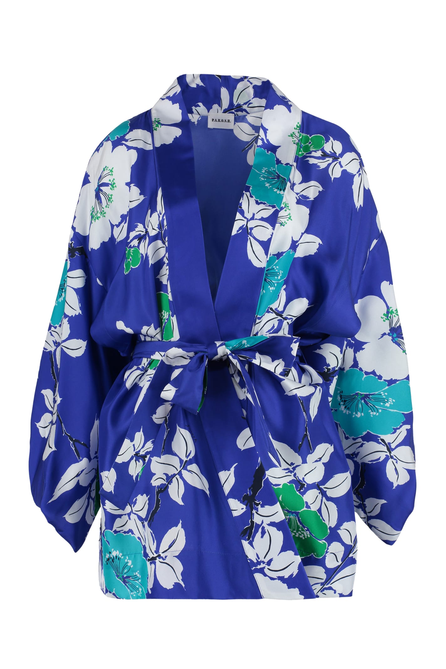 Shop P.a.r.o.s.h Printed Silk Kimono In Blue