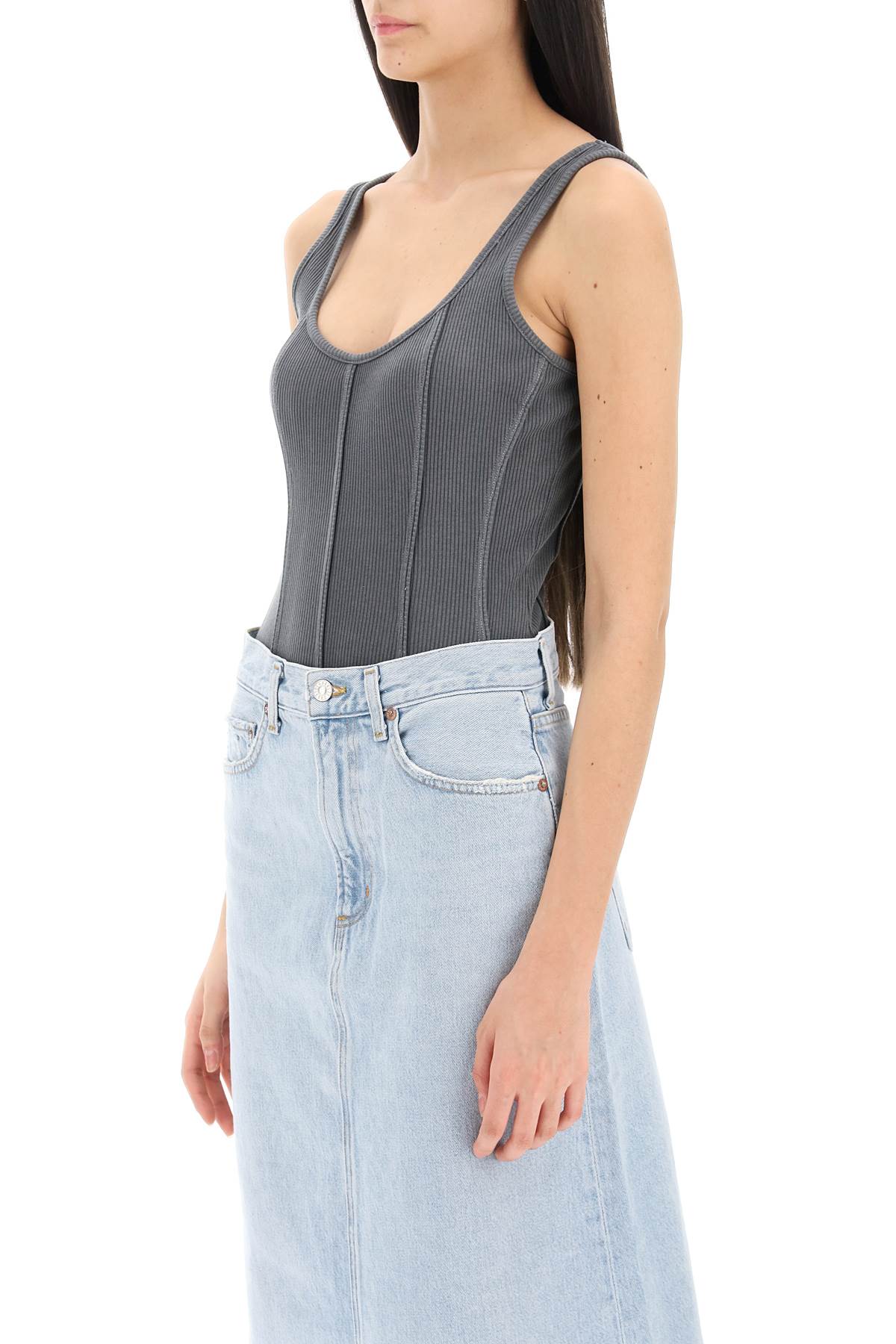 Shop Agolde Elna Rib Knit Tank Bodysuit In Gravity (grey)