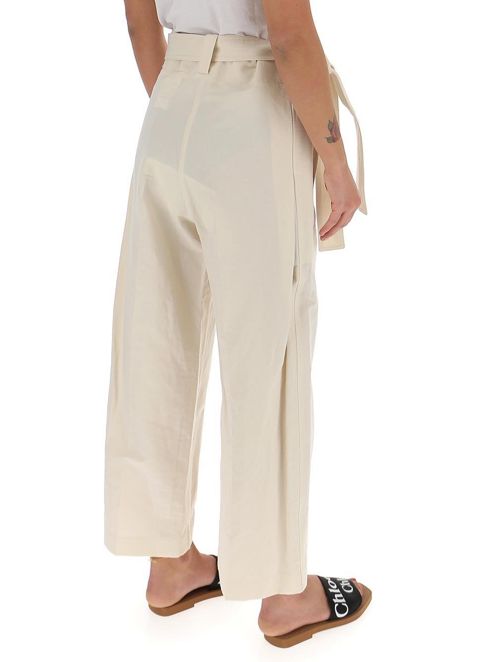 Shop Moncler 1952 Tie Belt Wide Leg Pants In Beige