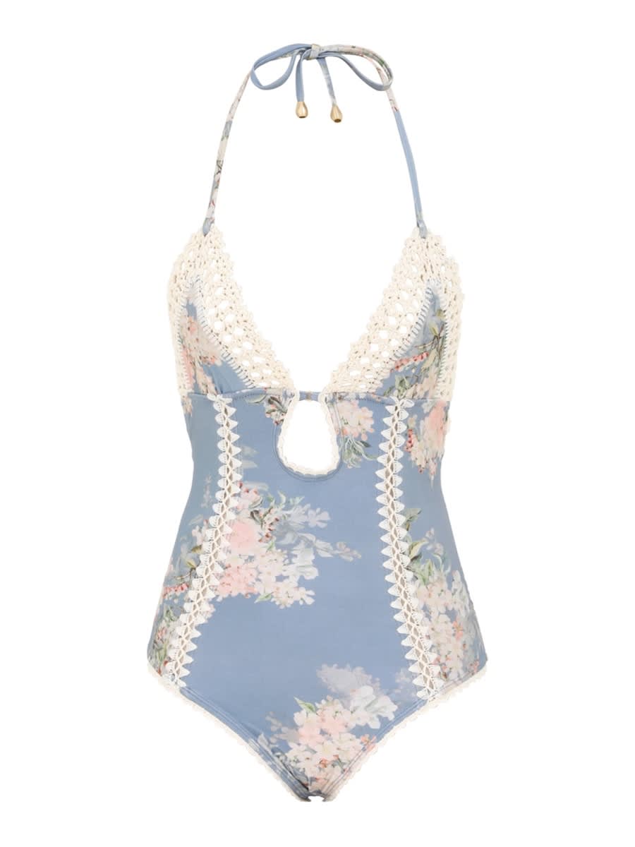 Zimmermann Cascadian Keyhole Crochet One Piece Tea Blue Botanical Floral