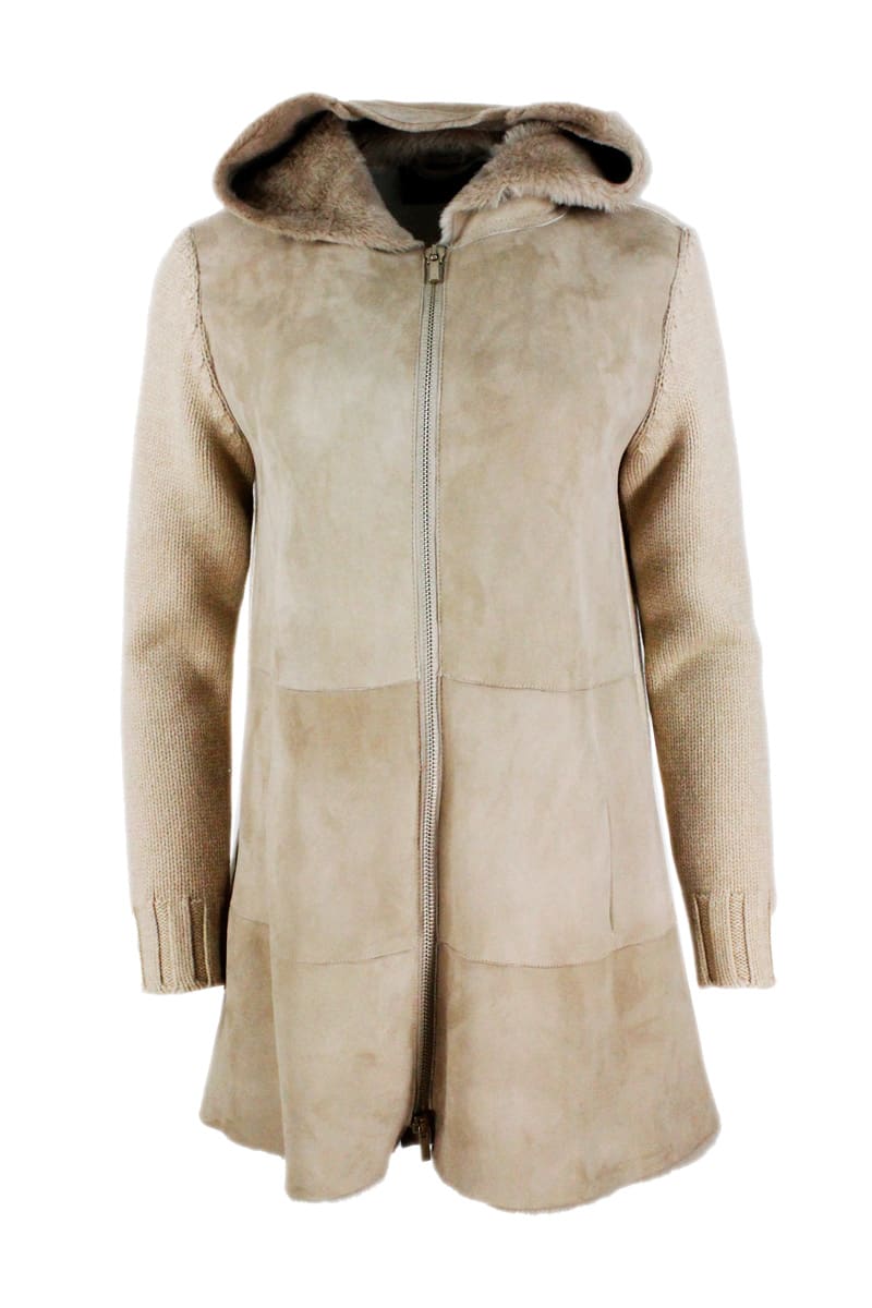 Lorena Antoniazzi Shearling Sheepskin Coat And Sweater With Hood And Zip Closure
