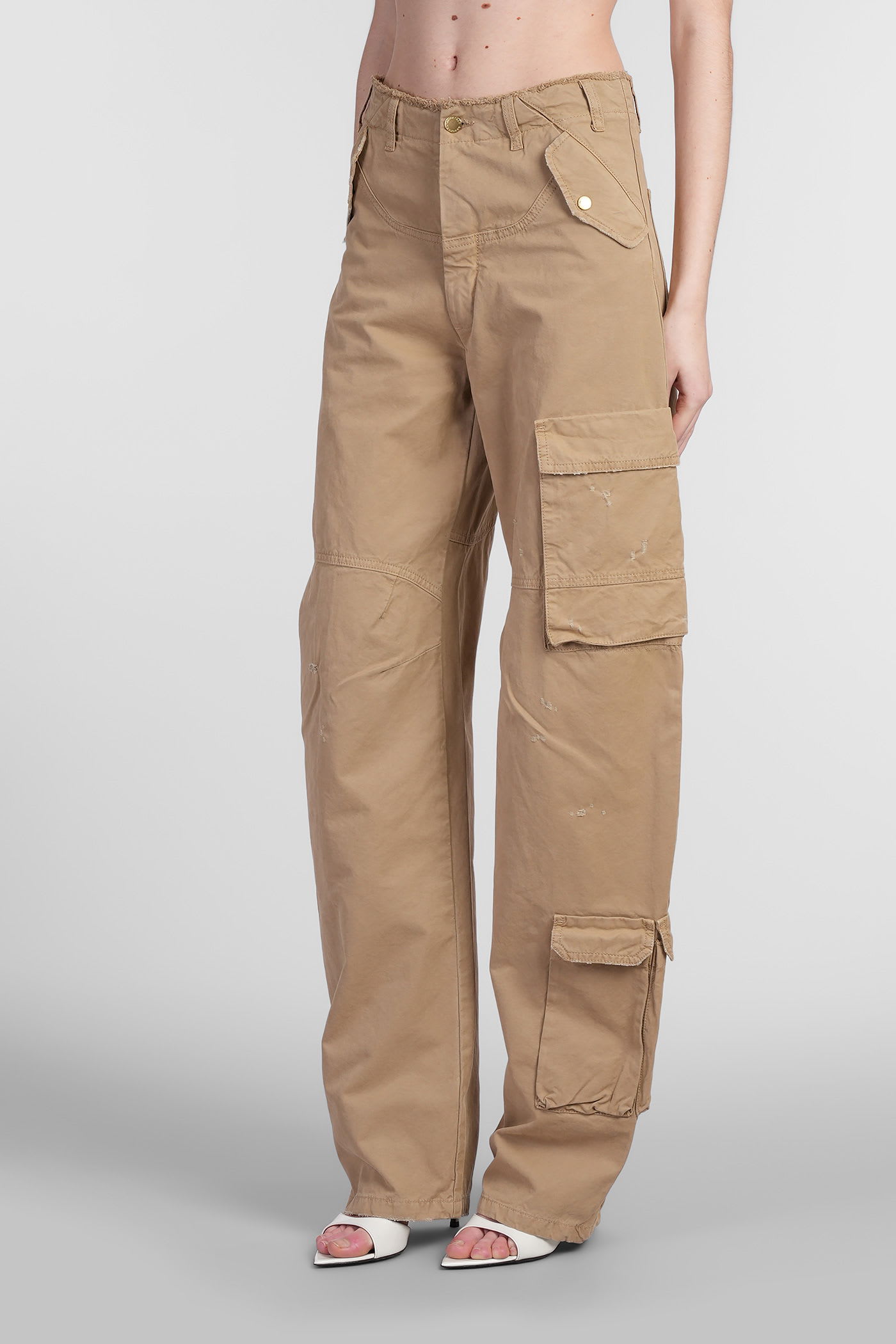 Darkpark Frayed Hem Cotton Rosalind Cargo Pants With Logo-buttons In Nude