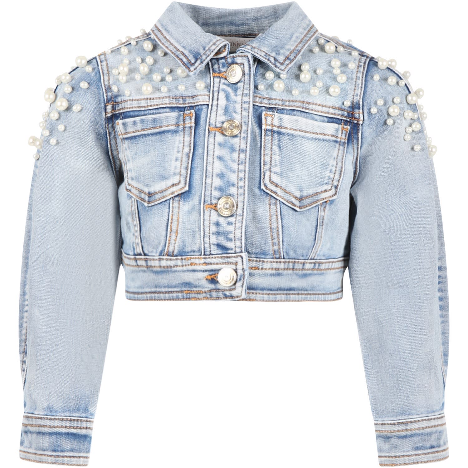 MONNALISA LIGHT-BLUE JACKET FOR GIRL WITH PEARL