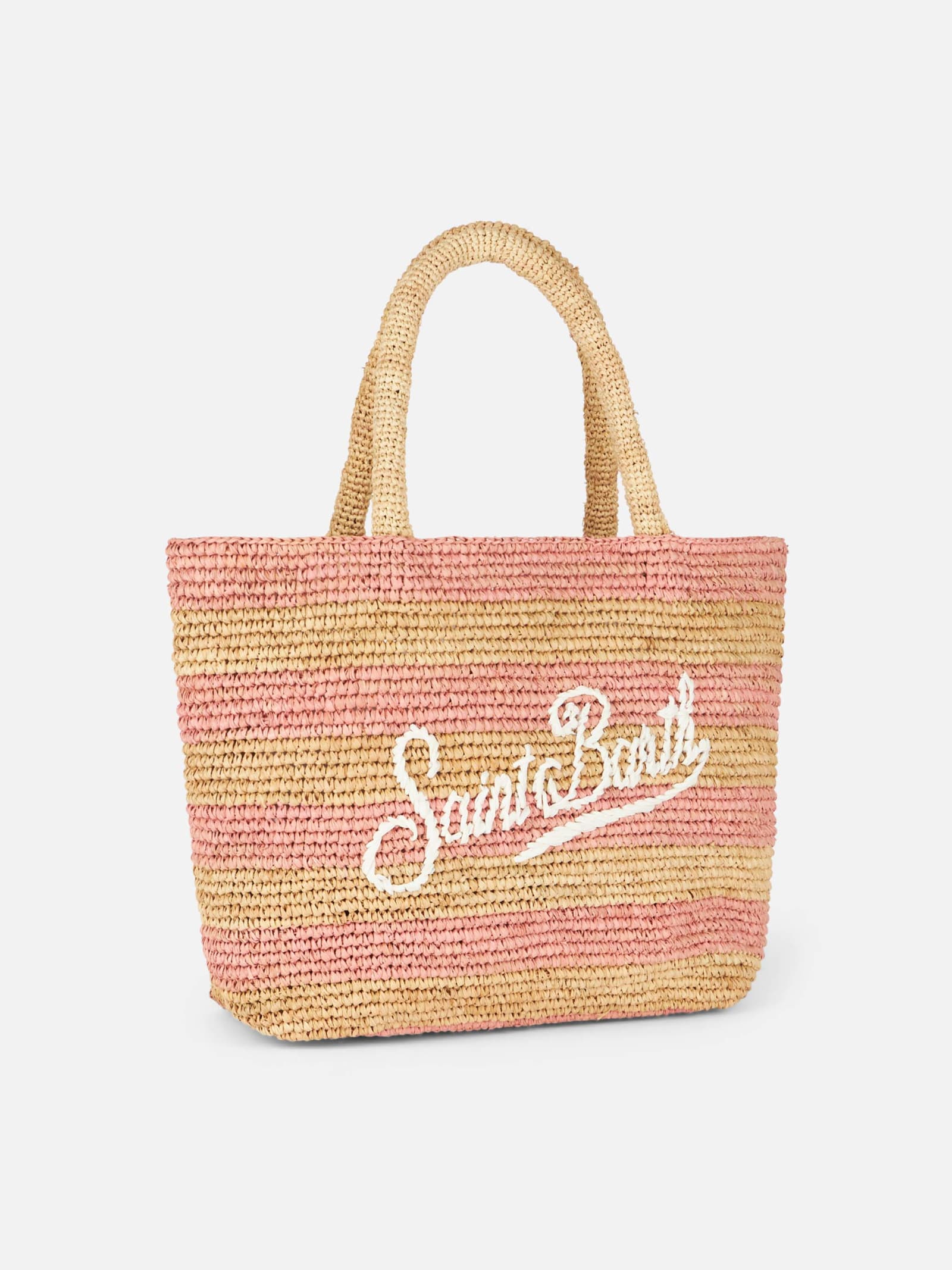 Shop Mc2 Saint Barth Pink Striped Raffia Beach Midi Bag With Cotton Pouch