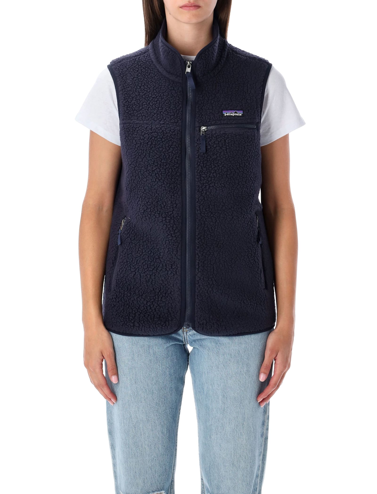 Patagonia Fleece Vest With High Collar And Pockets In Blue