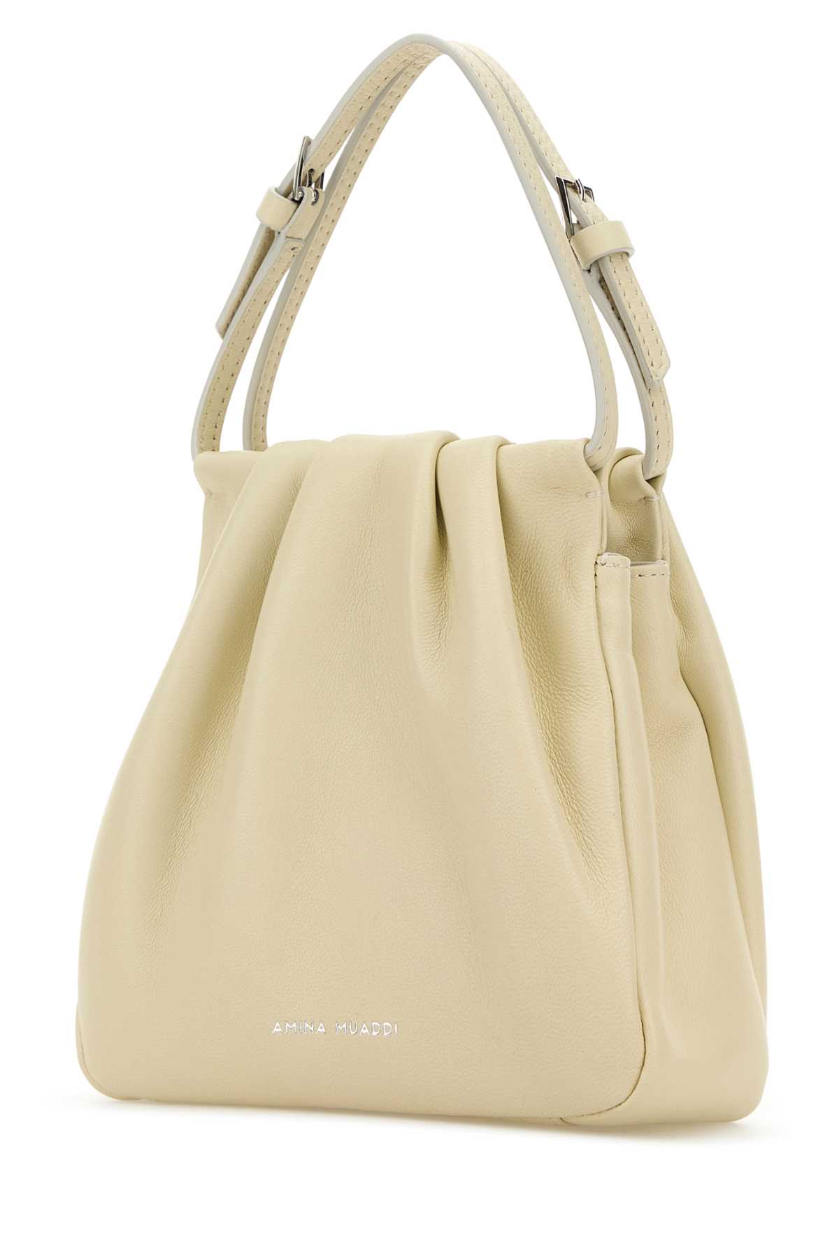 Amina Muaddi Iovry Nappa Leather Vittoria Crystal Handbag In Almondsil