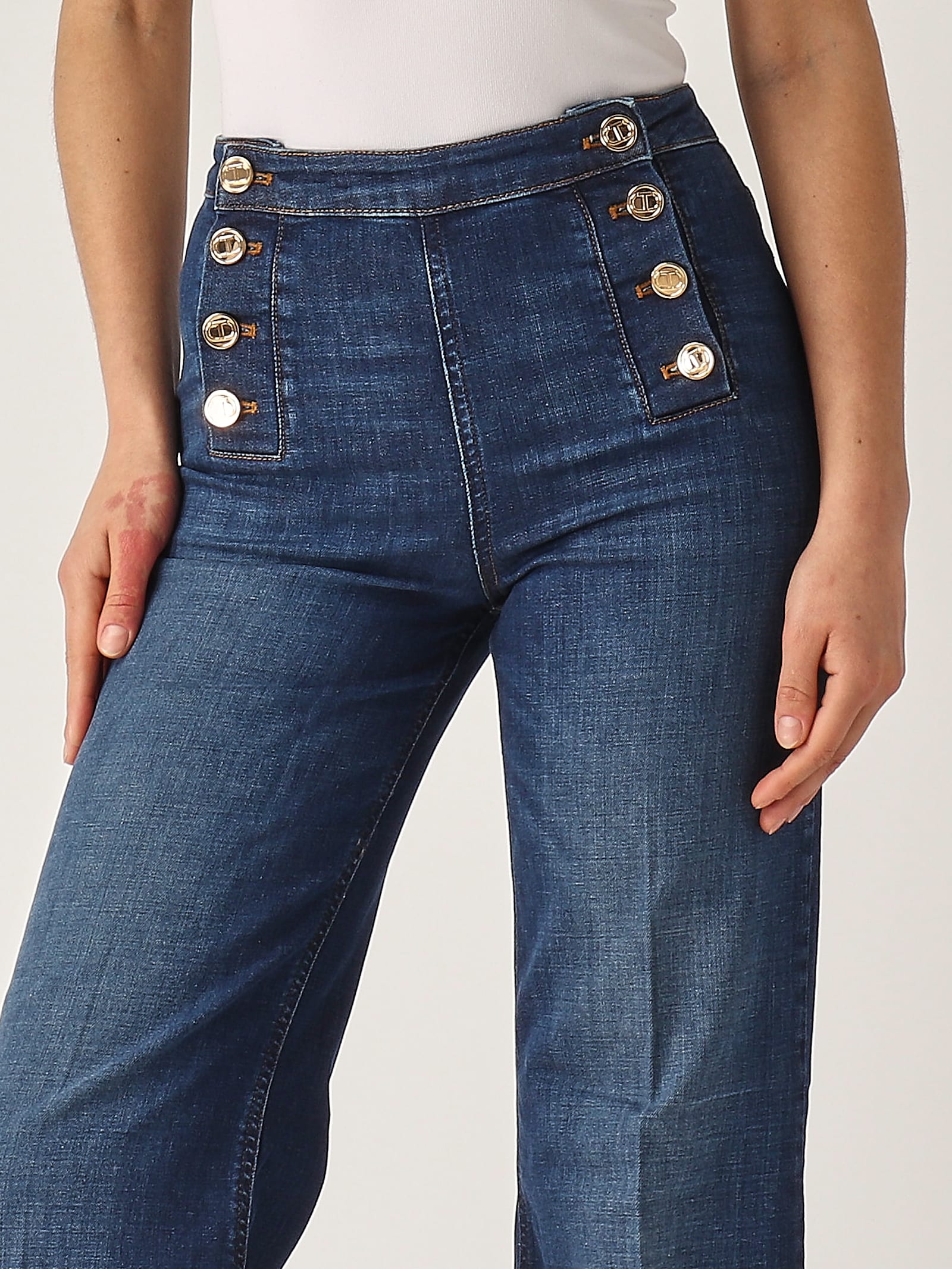 Twinset Flare Jeans With Decorative Buttons In Denim Medio