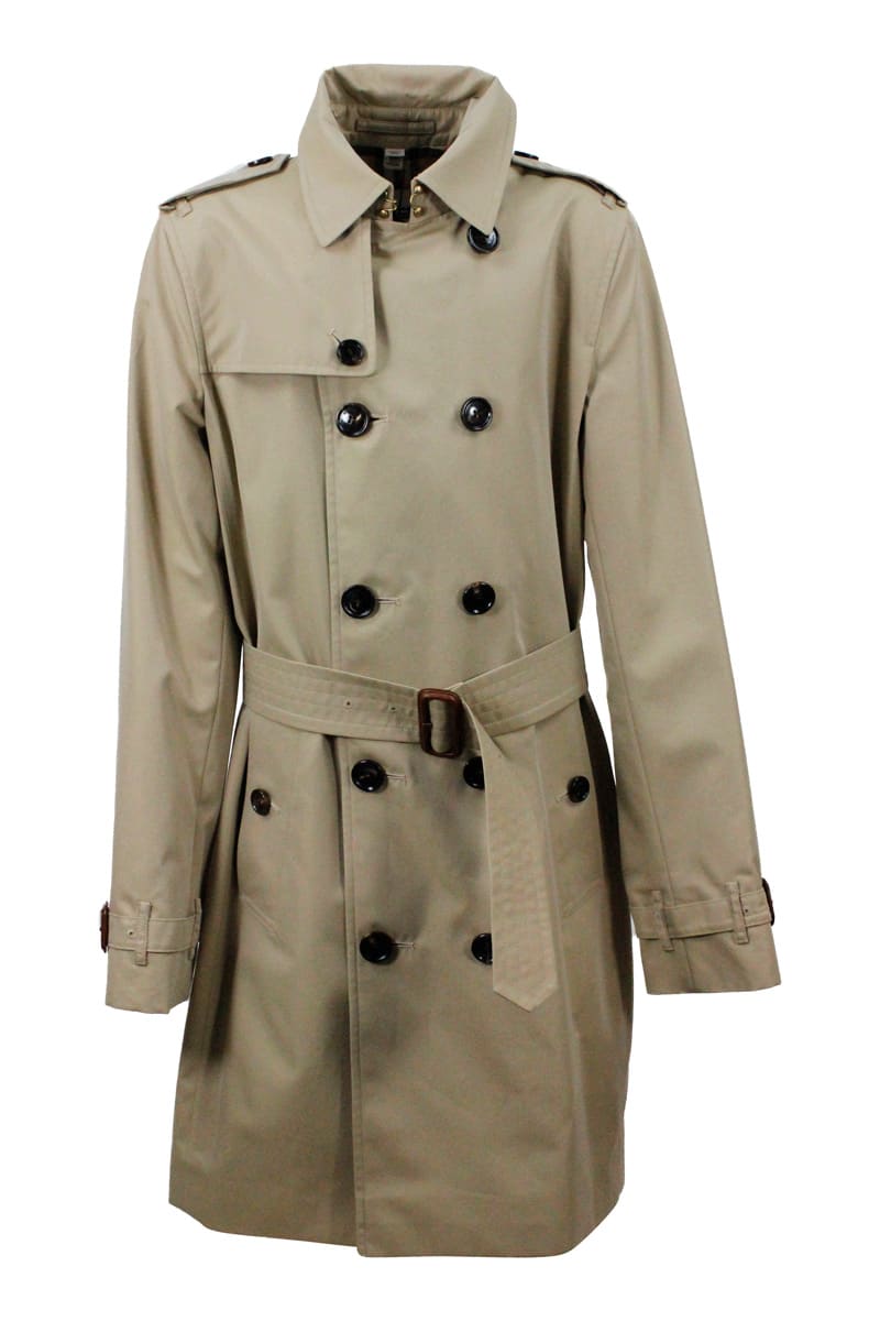 Burberry Kids' Trench Coat In Cotton Gabardine With Buttons And Belt With Check Interior In Beige
