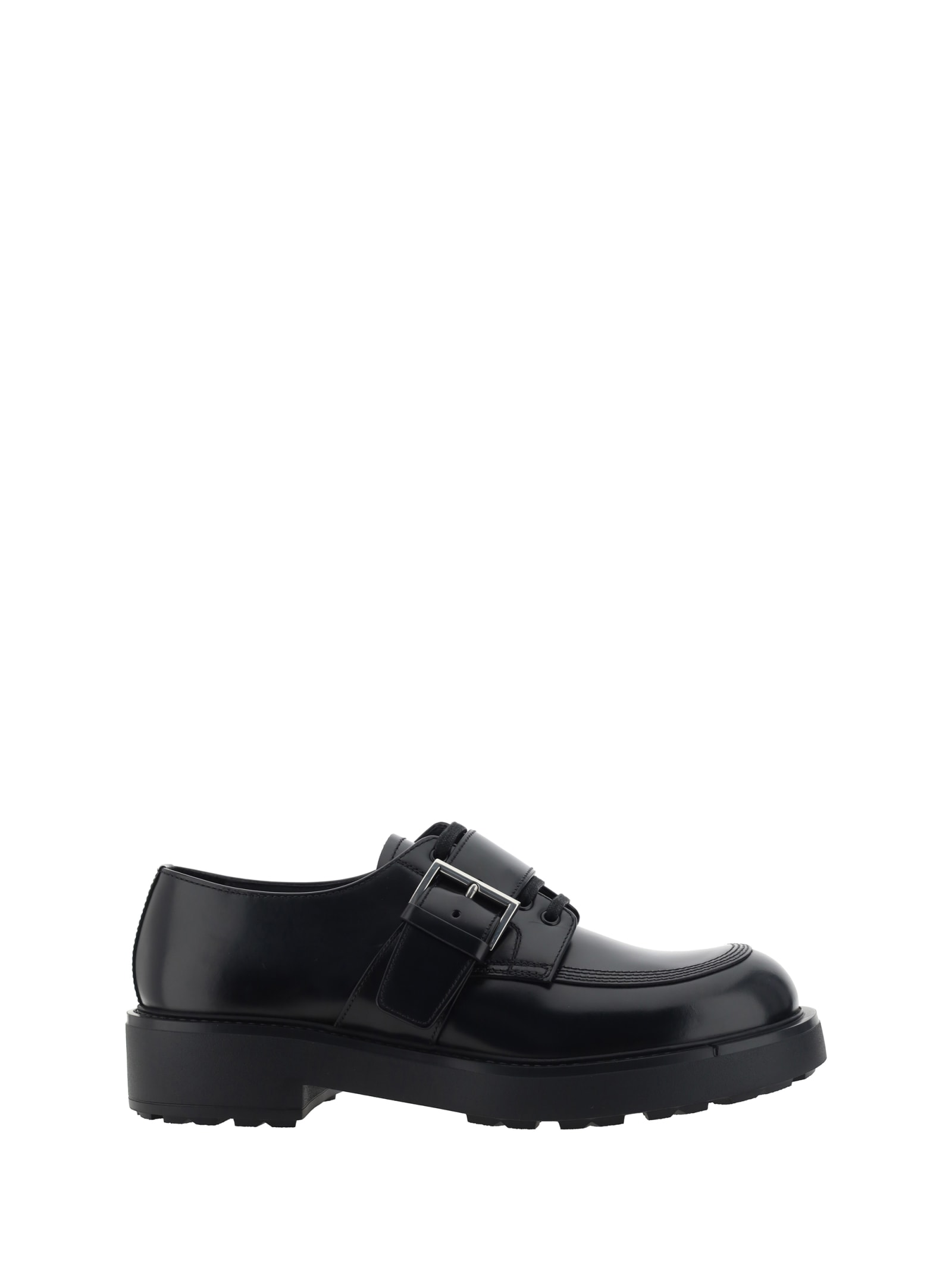 Prada Lace-up Block Heel Round Toe Shoes In Nero