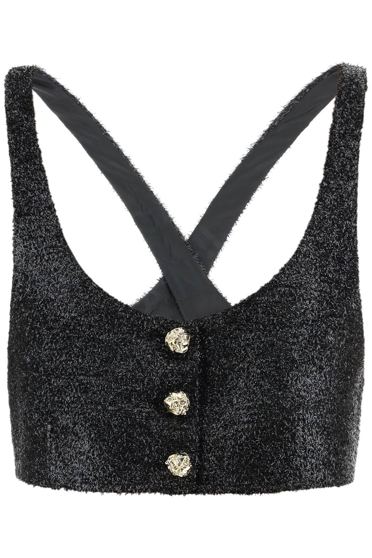 Ganni Metallic Tweed Cropped Top With Embossed Buttons