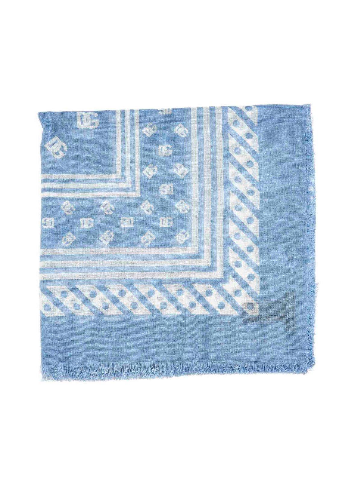 Dolce & Gabbana Logo Printed Striped Border Scarf In Bianco E Azzurro