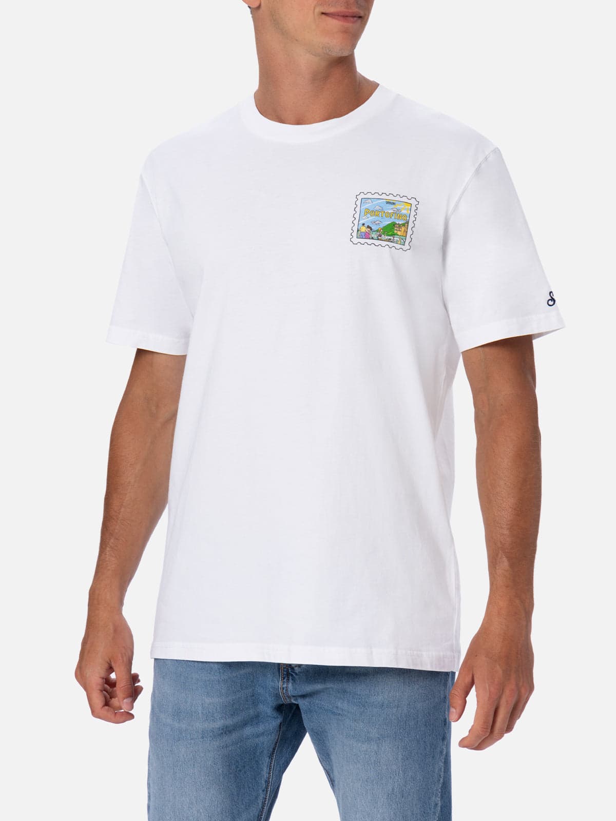 Mc2 Saint Barth Man Cotton T-shirt With Portofino Postcard Front And Back Print Alessandro Enriquez Special Edition In White