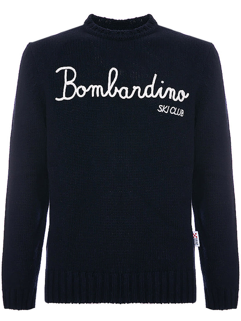 Shop Mc2 Saint Barth Blended Cashmere Sweater Bombardino Ski Club Embroidery In Blue