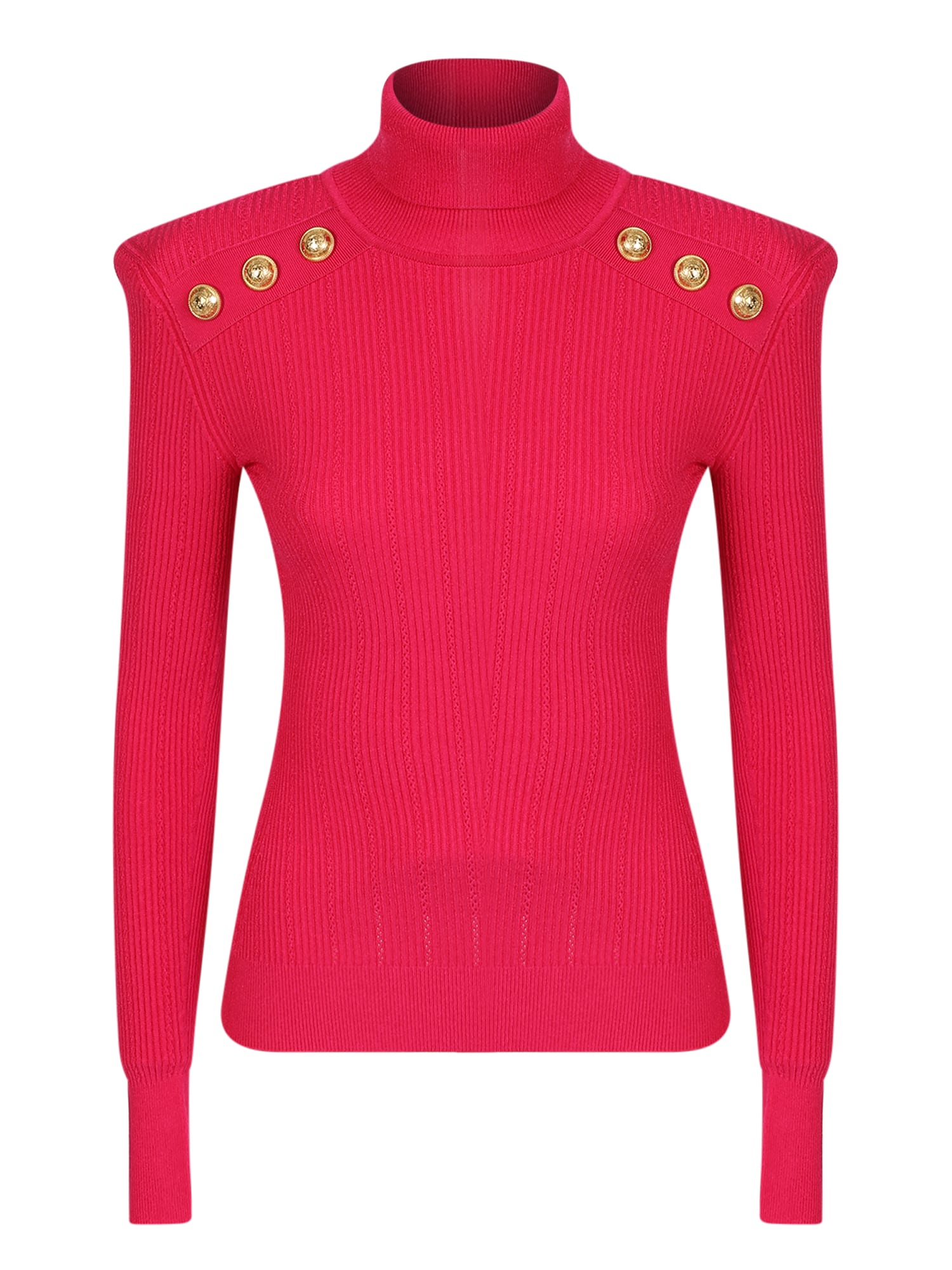 Each Balmain Garment Is Designed And Thought To Be Exclusive And Glamorous, Like This Sweater With Padded Shoulders And Roll Neck