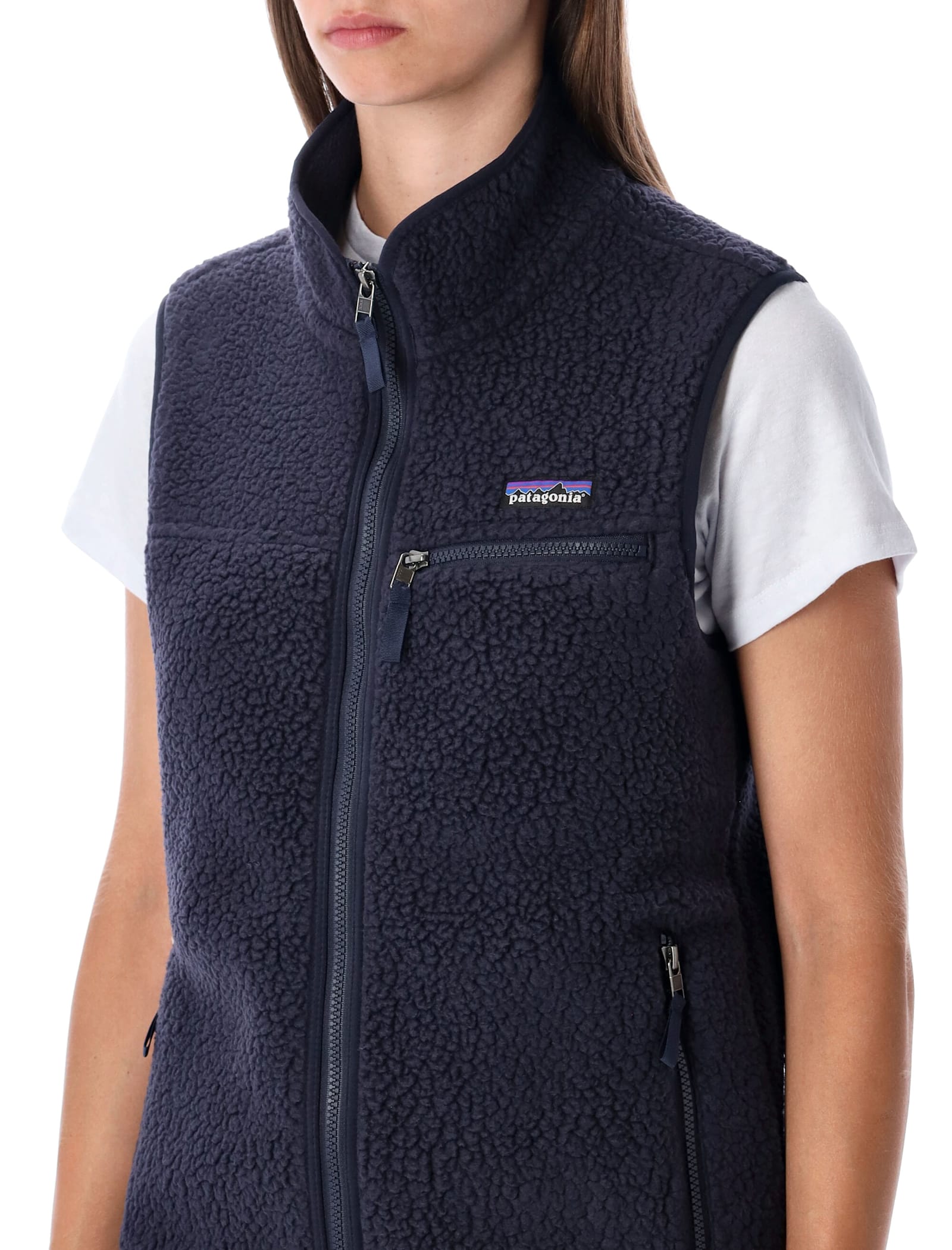 Patagonia Fleece Vest With High Collar And Pockets In Blue