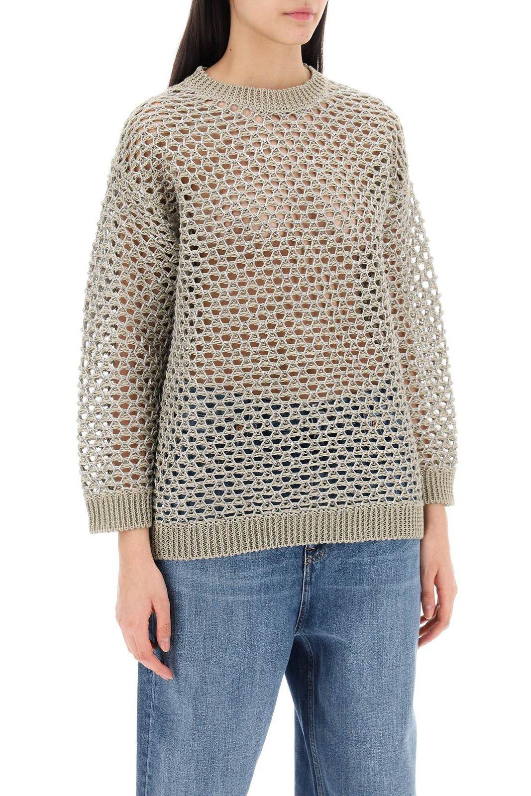 Valentino Sequin-embellished Metallic Open-knit Linen-blend Sweater In Ecru/silver