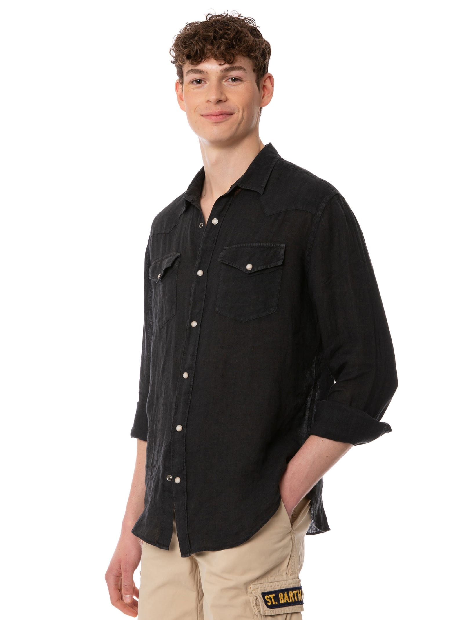 Mc2 Saint Barth Man Black Linen Shirt In Black