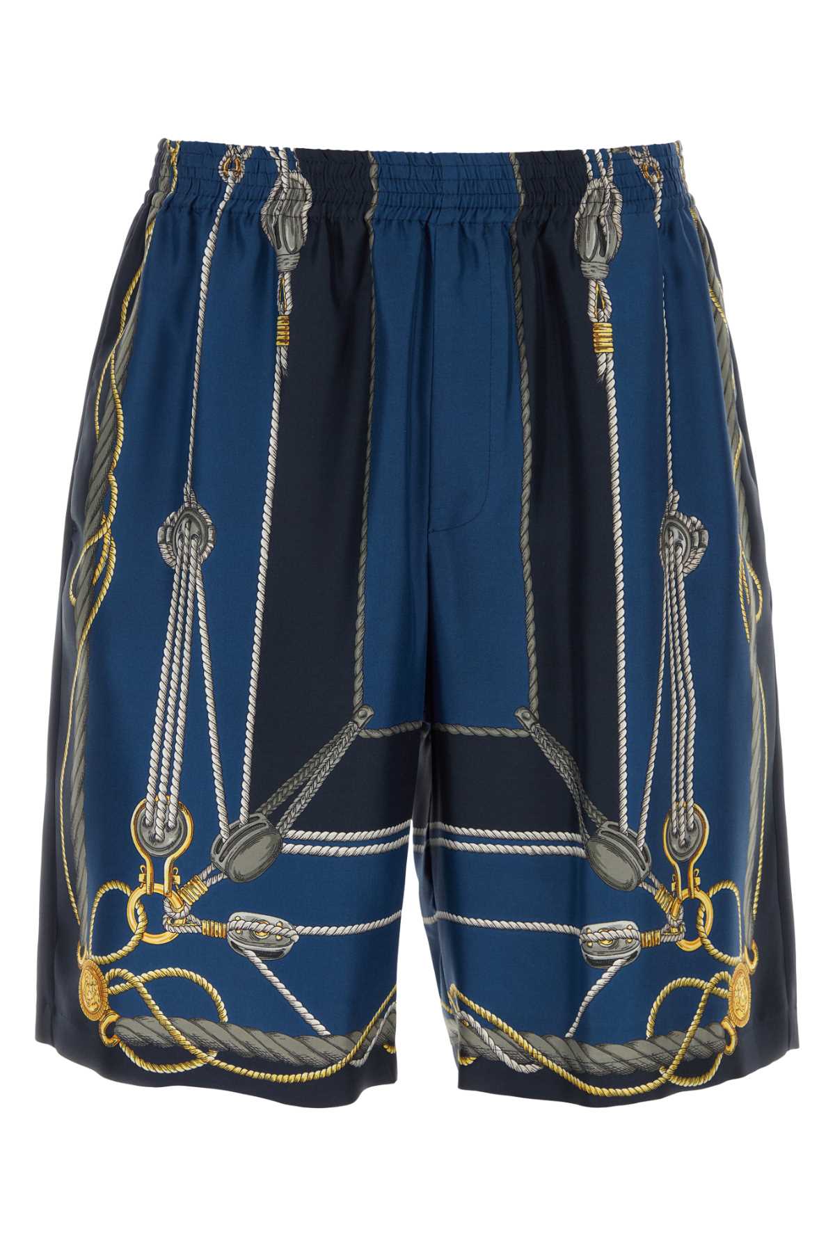 Shop Versace Printed Silk Bermuda Shorts In Bluegold