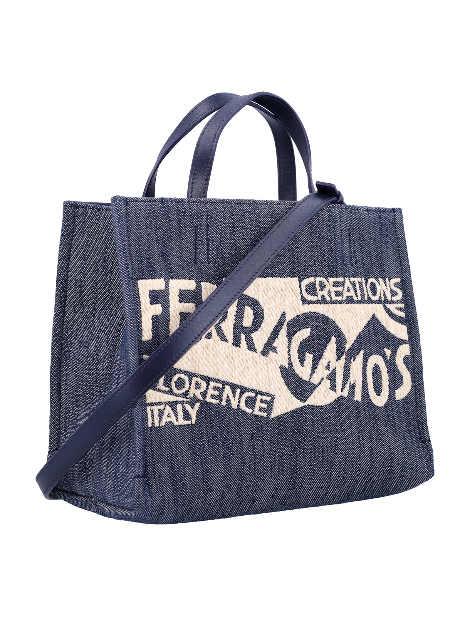 Shop Ferragamo Logo Tote Bag In Denim Natural + Midnight