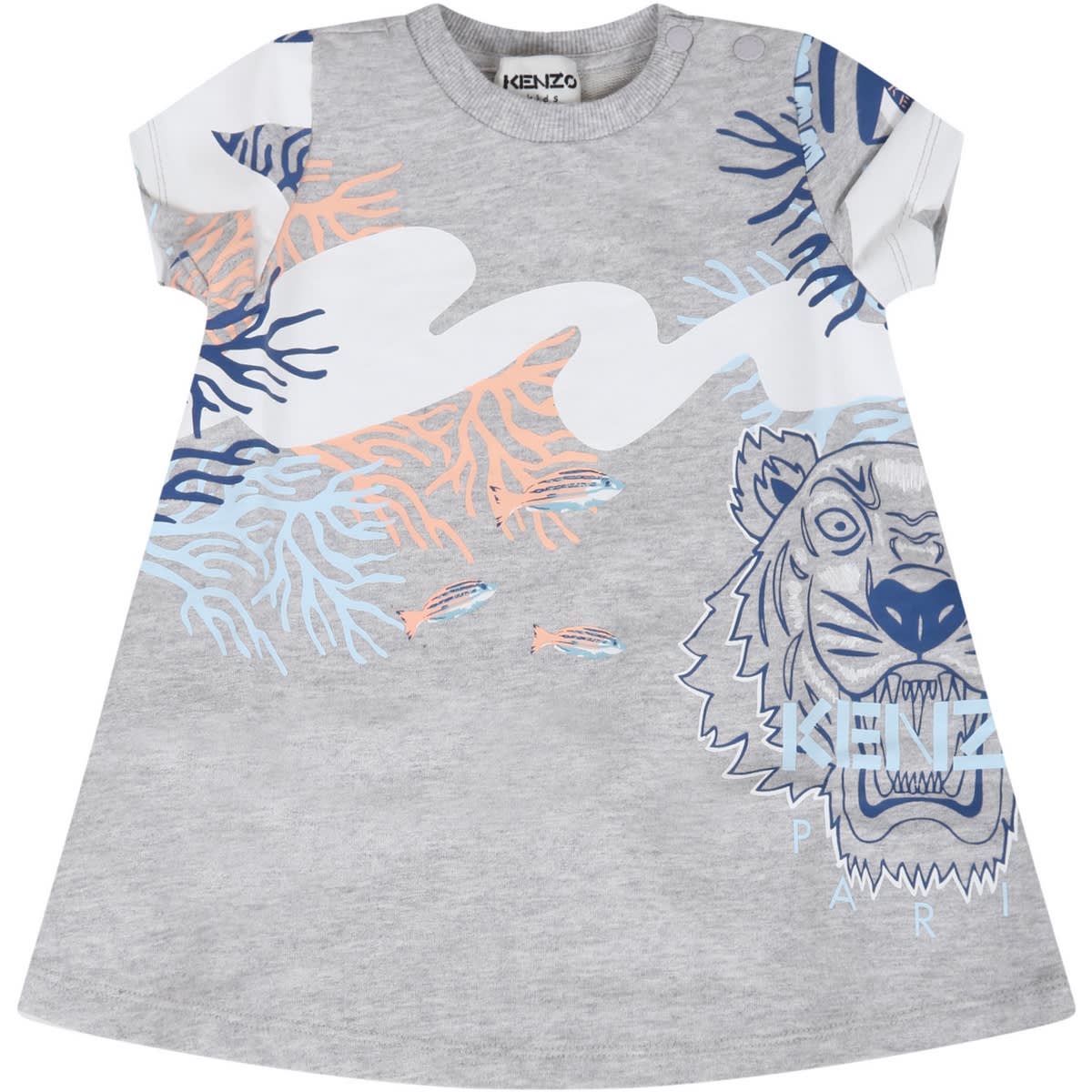 Kenzo Kids Grey Dress For Baby Girl With Corals