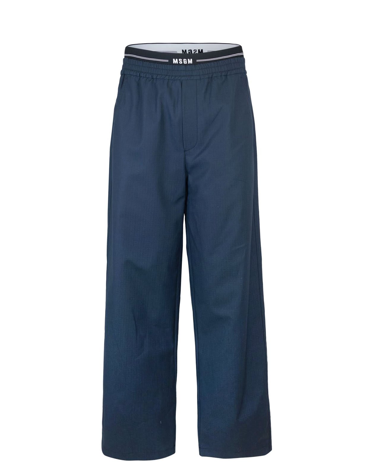 Shop Msgm Logo Waistband Straight Leg Trousers In Blue