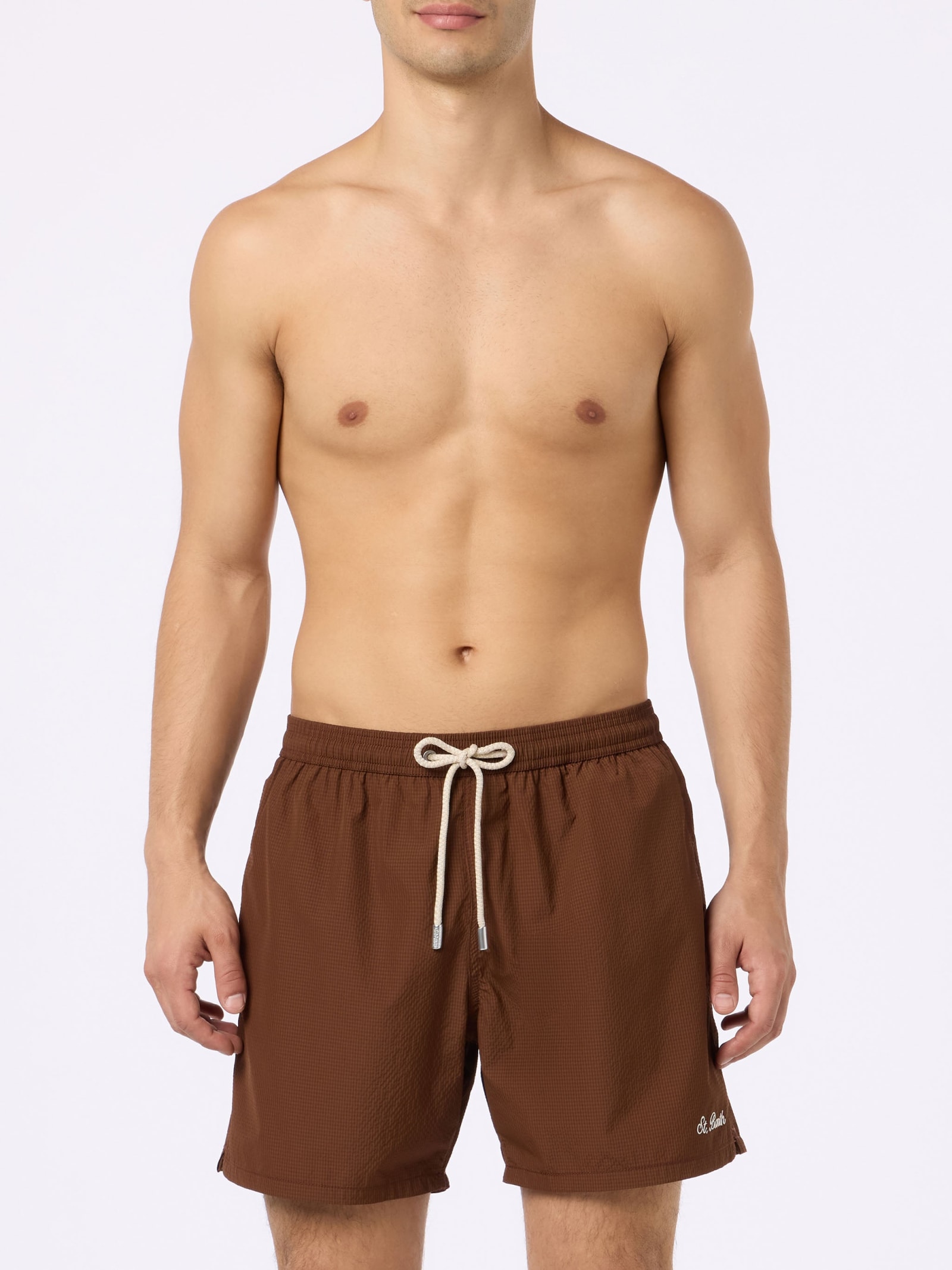 Shop Mc2 Saint Barth Man Seersucker Swim Shorts Patmos In Brown