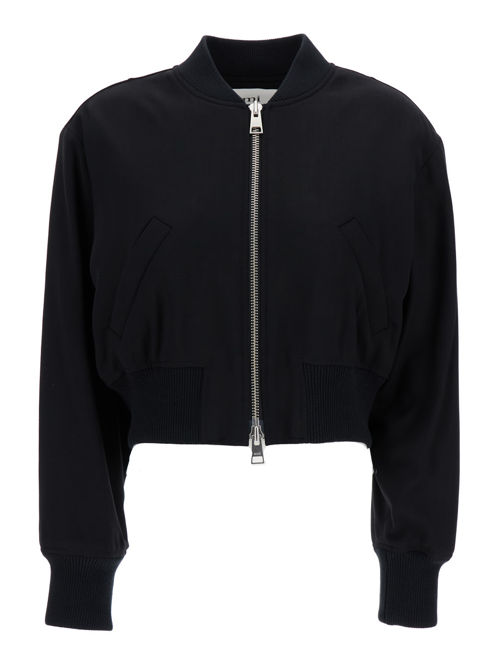 Shop Ami Alexandre Mattiussi Black Crop Bomber Jacket With Logo Patch In Wool Blend Woman