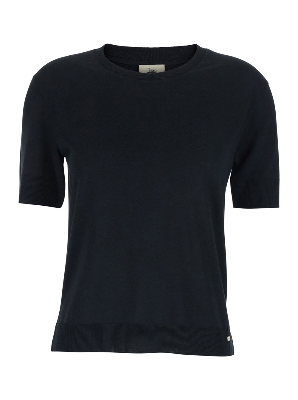 Herno Black Crewneck T-shirt With Logo Plaque On The Front In Cotton Blend Woman In Blue