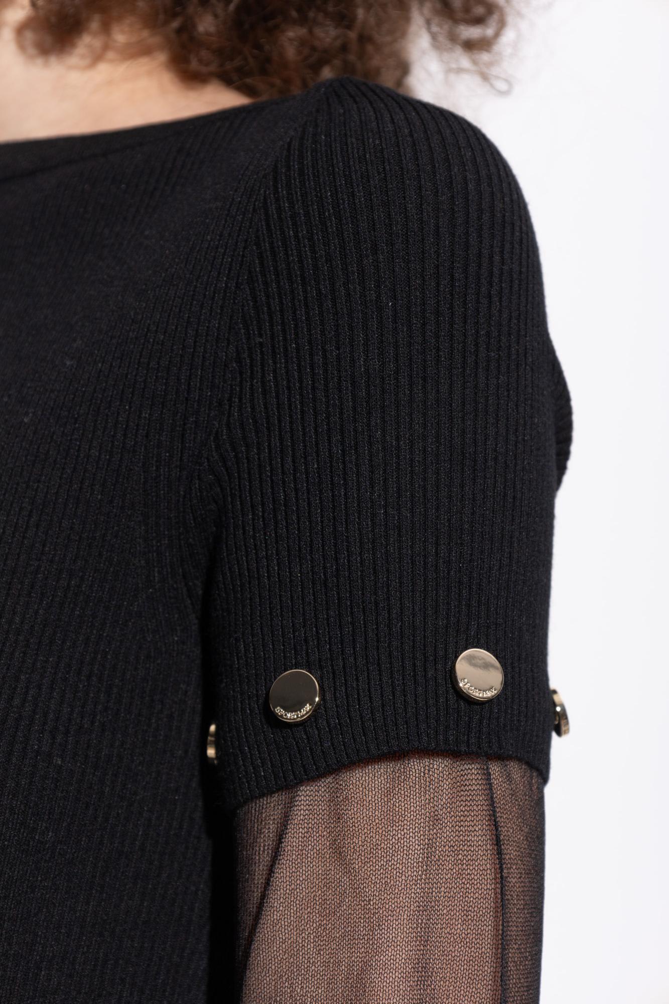 Sportmax Sleeve Button Detail Off-shoulder Ribbed Sheer Dress In Black