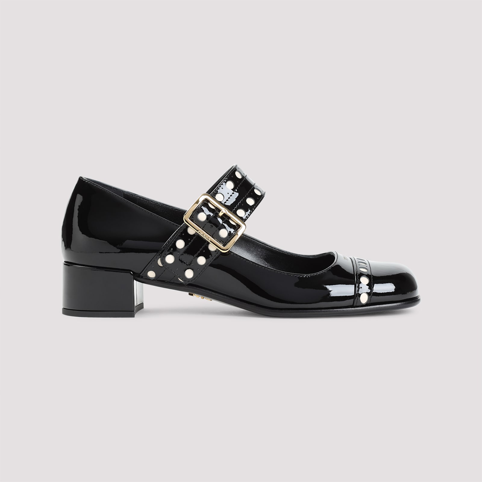 Prada Block Heel Round Toe Patent Finish Studded Detail In Nero