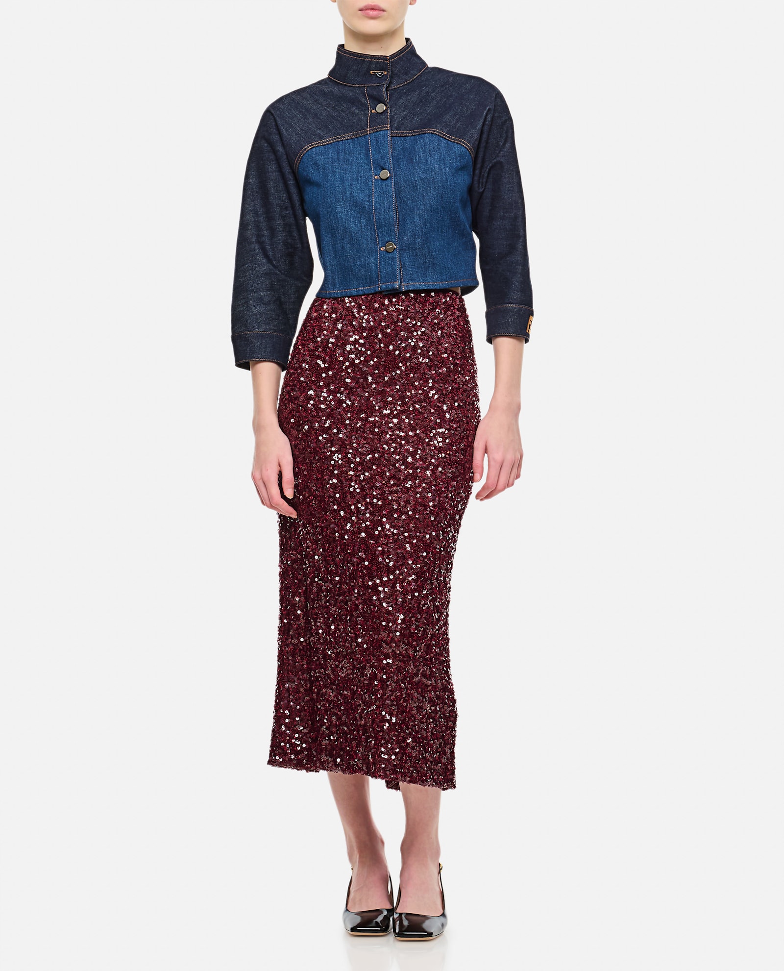 Rotate Birger Christensen Sequined Midi Pencil Skirt In Pink Polyester In Bordeaux