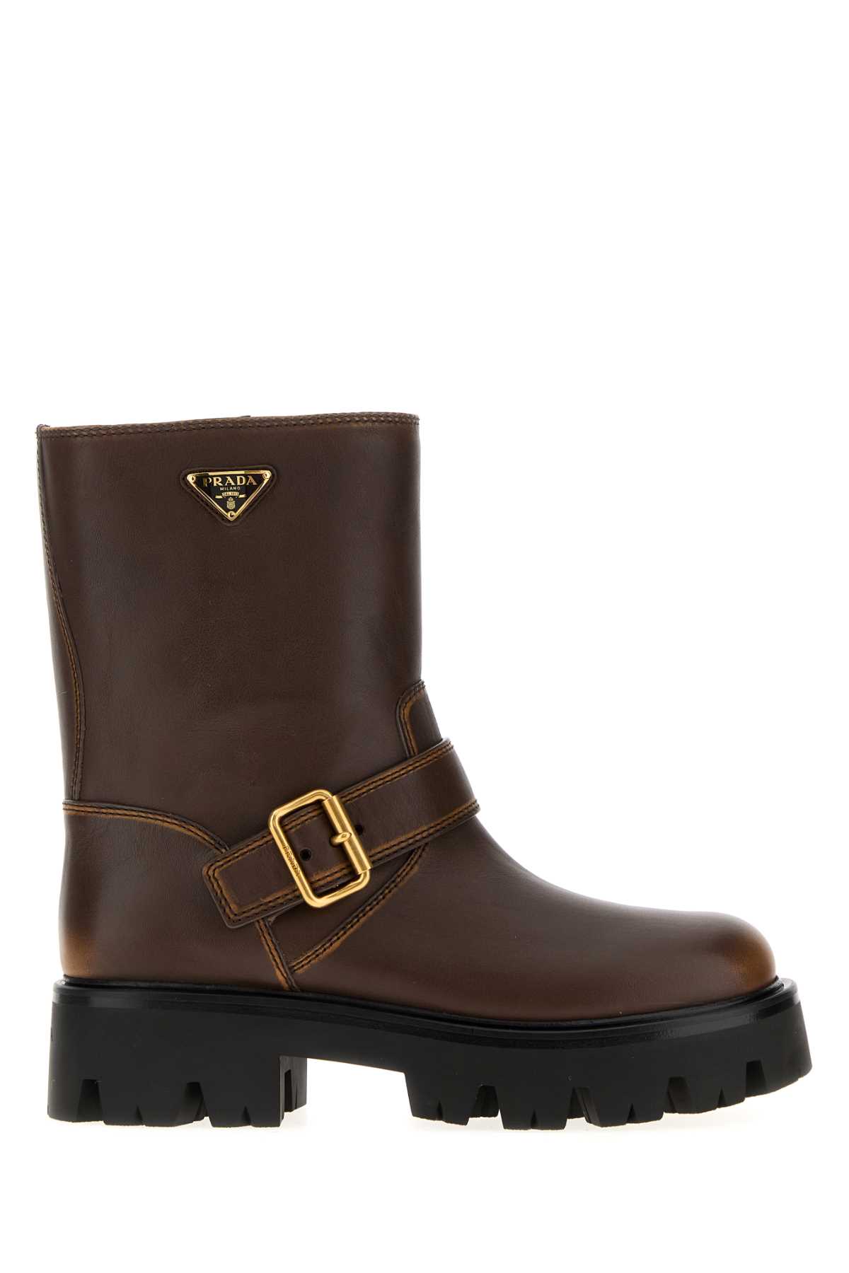 Prada Leather Boots With Vintage Effect And Logo In Brown