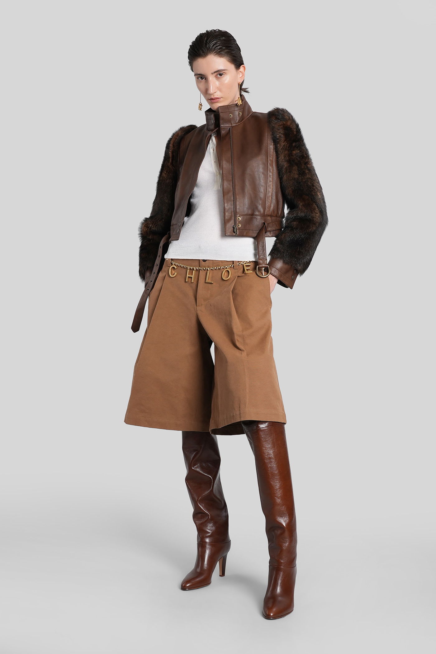 Chloé Leather Jacket With Belted Waist And Fur Sleeves In Brown