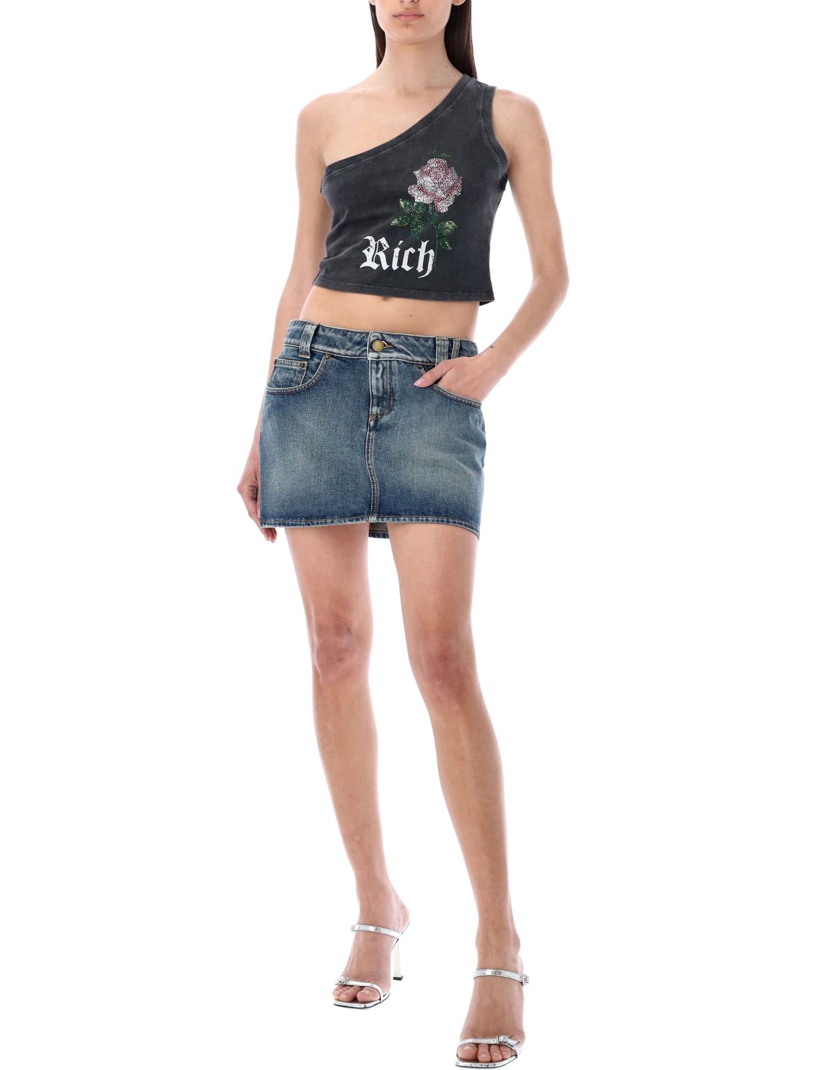 ALESSANDRA RICH DENIM MINI SKIRT WITH CRYSTAL ROSE