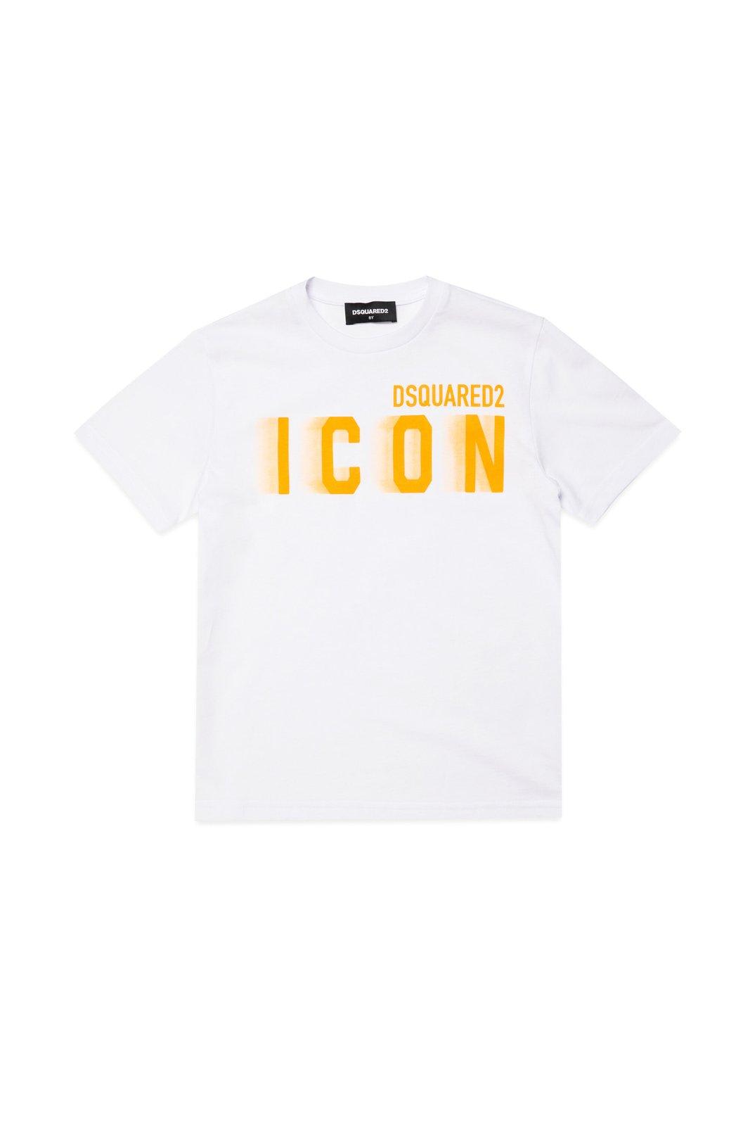 Dsquared2 Kids' Icon-printed Crewneck T-shirt In White + Orange Fluo