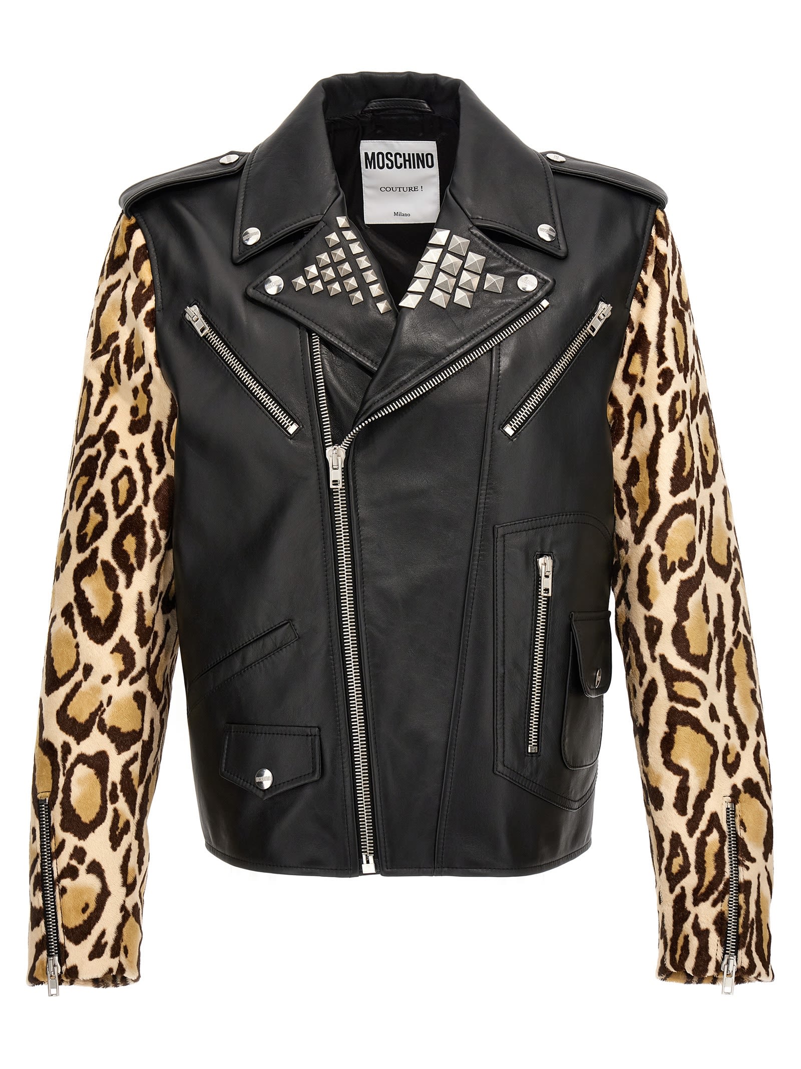Shop Moschino Animal-print Sleeves Leather Jacket In Black