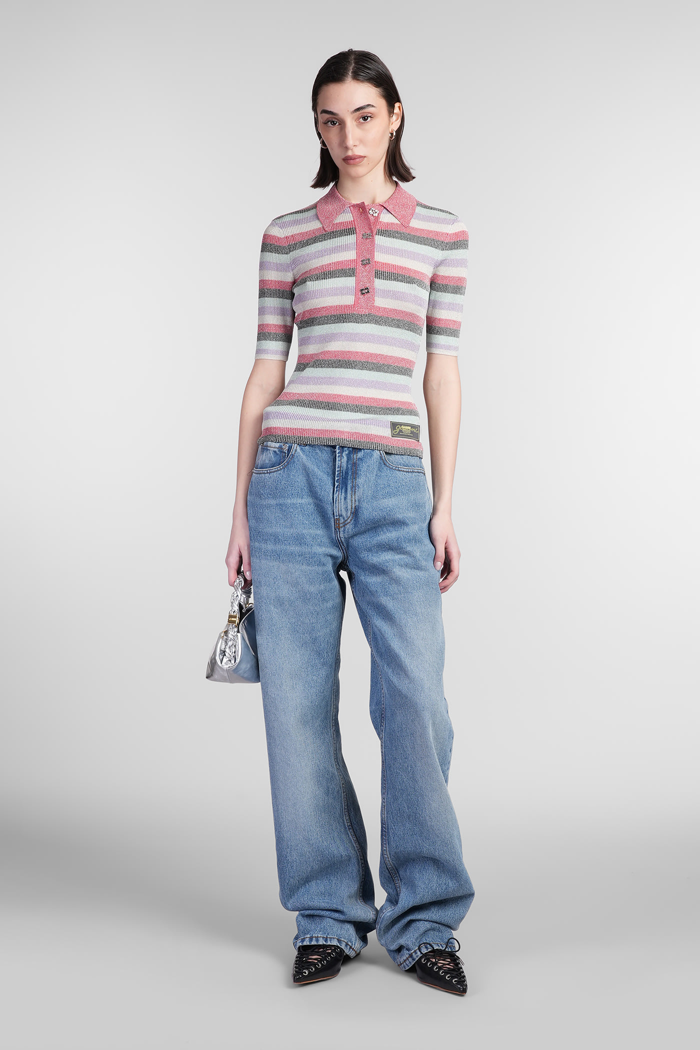 Ganni Womens Multicolour Sparkle-rib Short-sleeve Knitted Polo Shirt In Multicolor