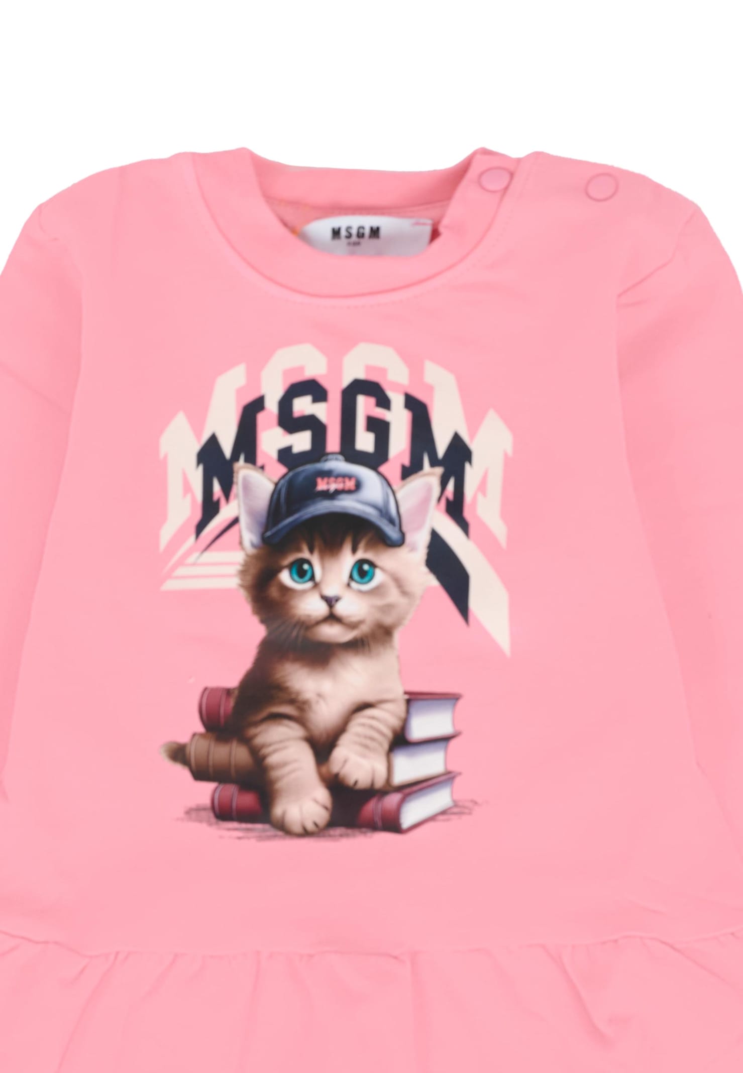 Msgm Pink Dress For Baby Girl With Logo And Cat In Pink