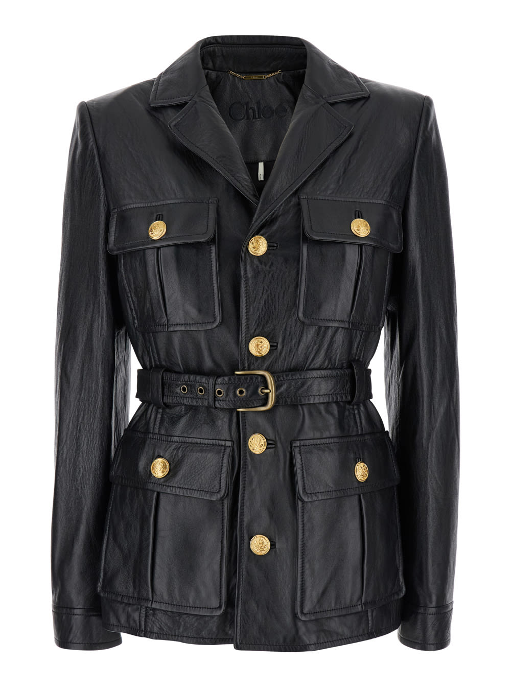 Chloé sahariana Black Single-breasted Jacket With Golden Buttons In Leather Woman