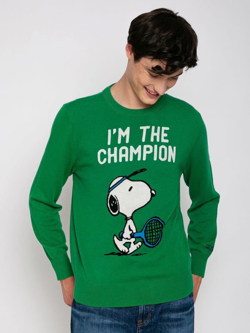 Mc2 Saint Barth Man Sweater With Snoopy Im The Champion Print Peanuts Special Edition In Green