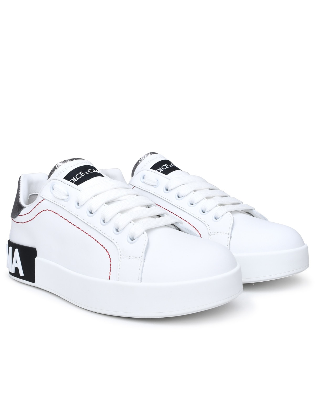 Shop Dolce & Gabbana Portofino Leather Sneakers In Bianco/argento