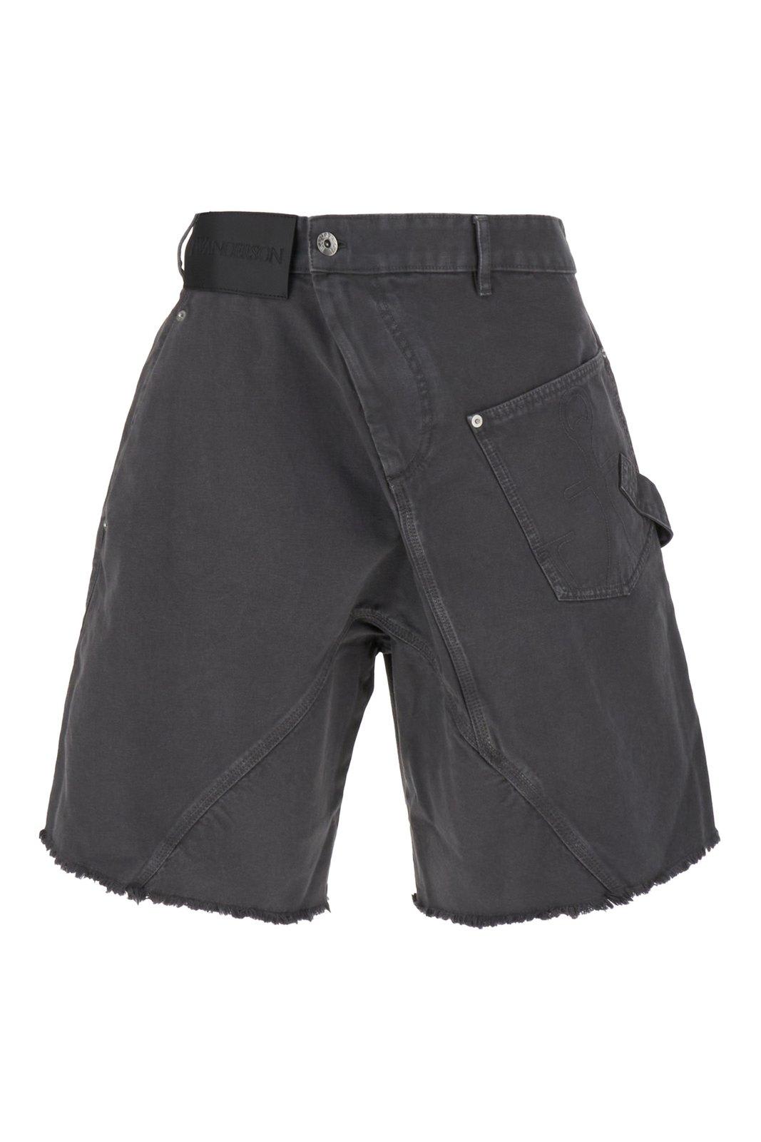 Shop Jw Anderson Asymmetric-waist Fringed-edge Bermuda Shorts In Grey